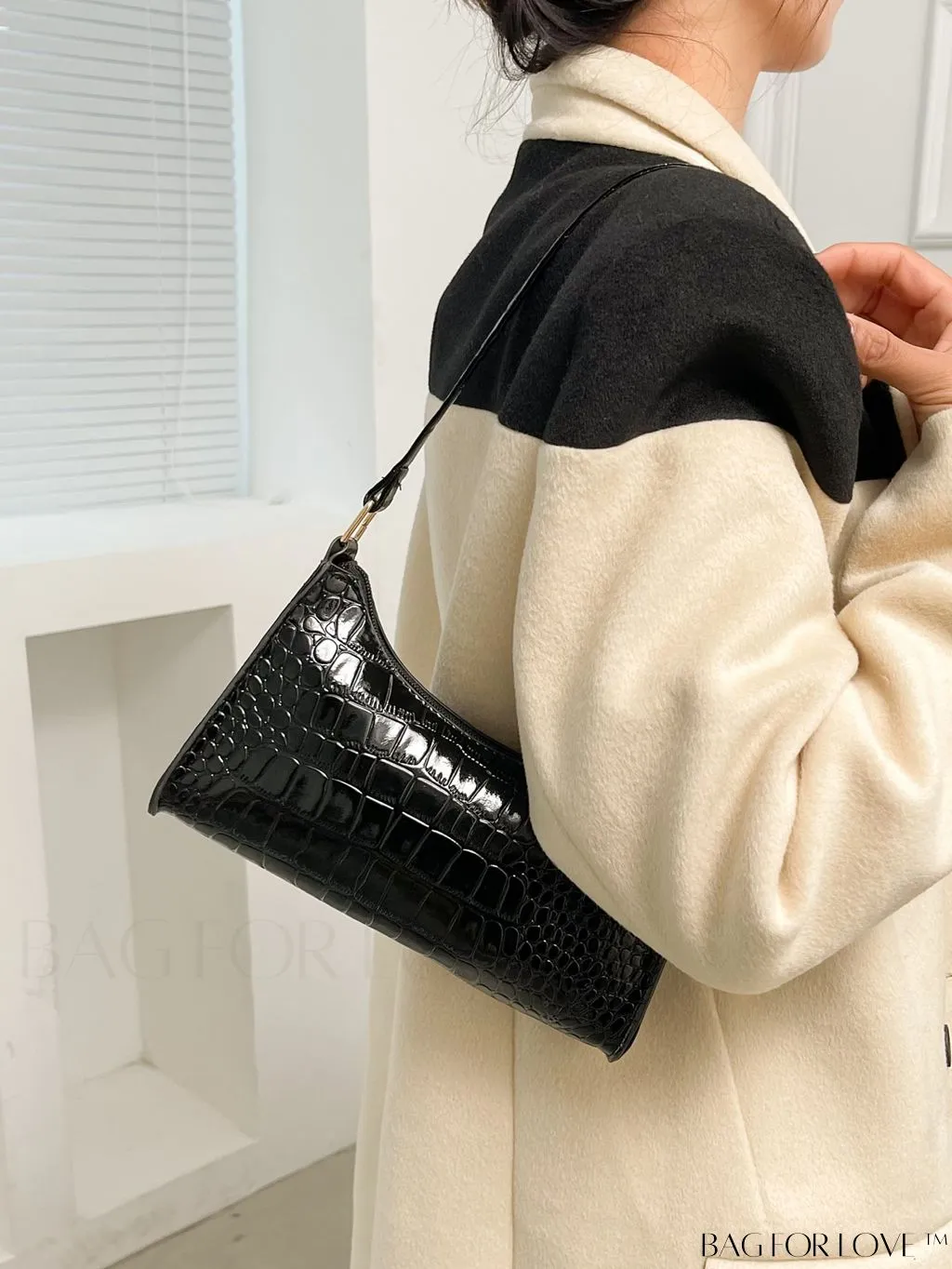 BagForLove - Crocodile-Embossed Khaki Baguette: Sleek and Compact Design