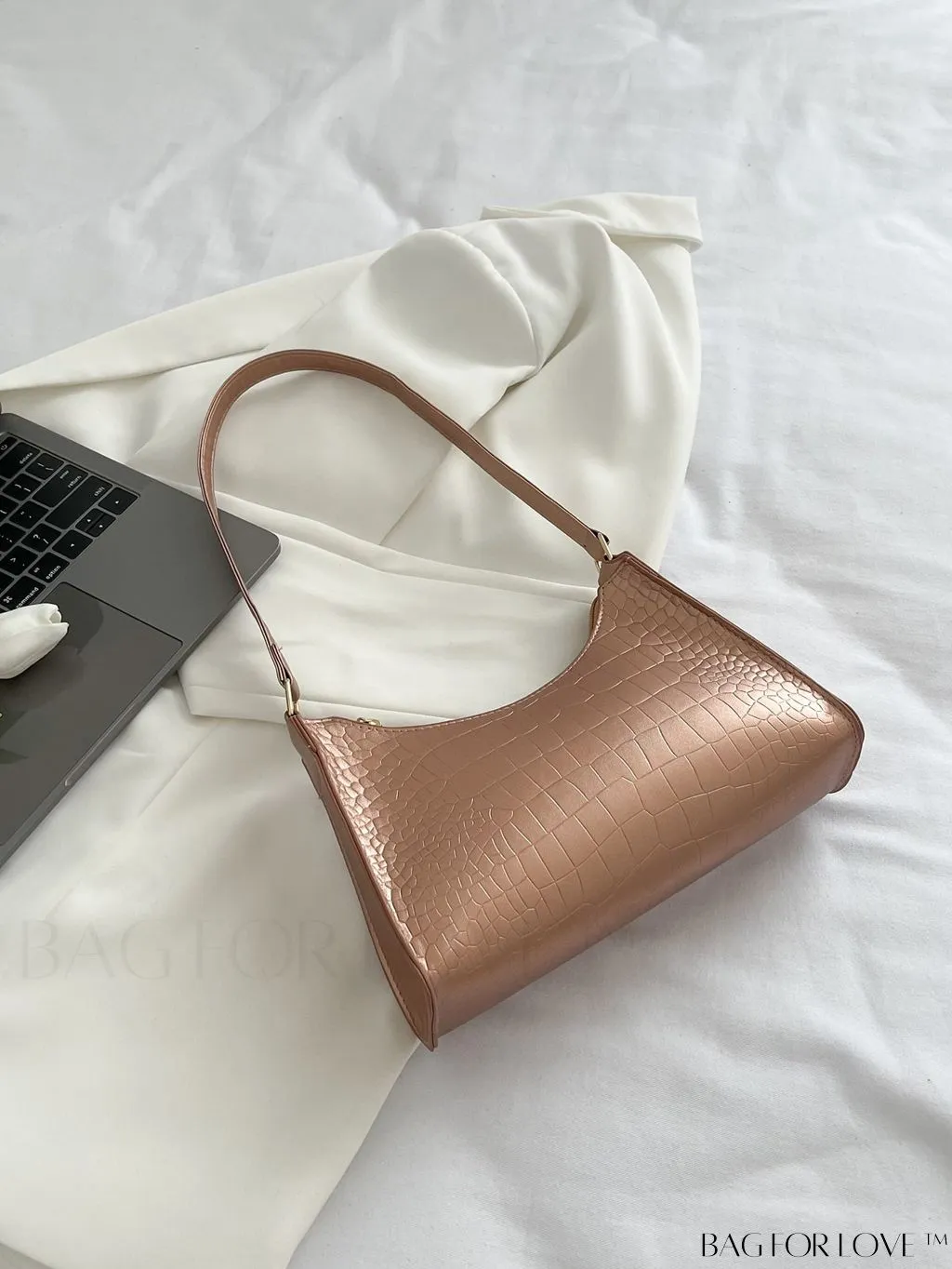 BagForLove - Crocodile-Embossed Khaki Baguette: Sleek and Compact Design