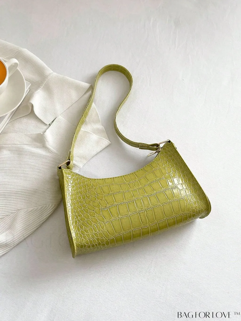 BagForLove - Crocodile-Embossed Khaki Baguette: Sleek and Compact Design