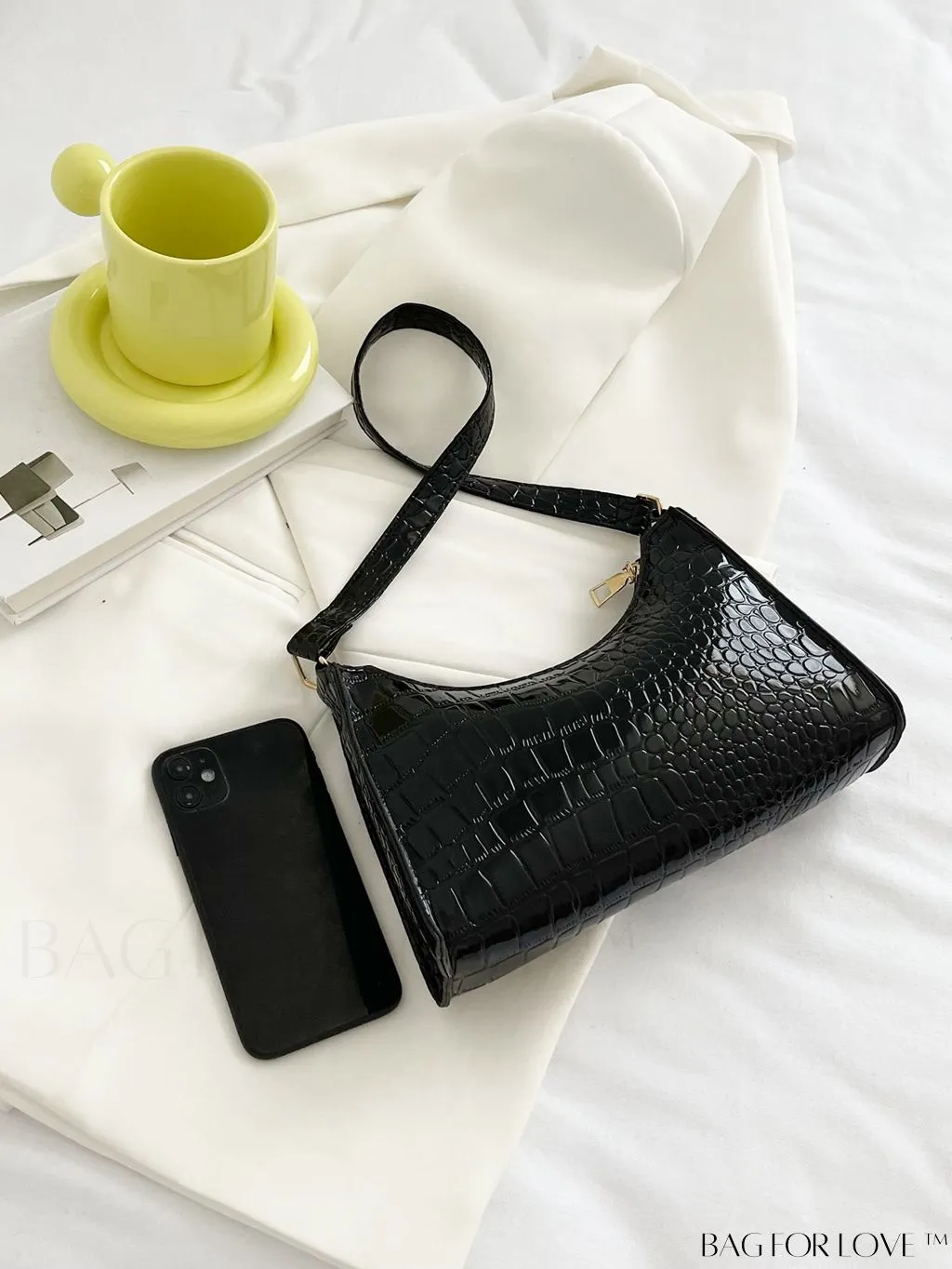 BagForLove - Crocodile-Embossed Khaki Baguette: Sleek and Compact Design