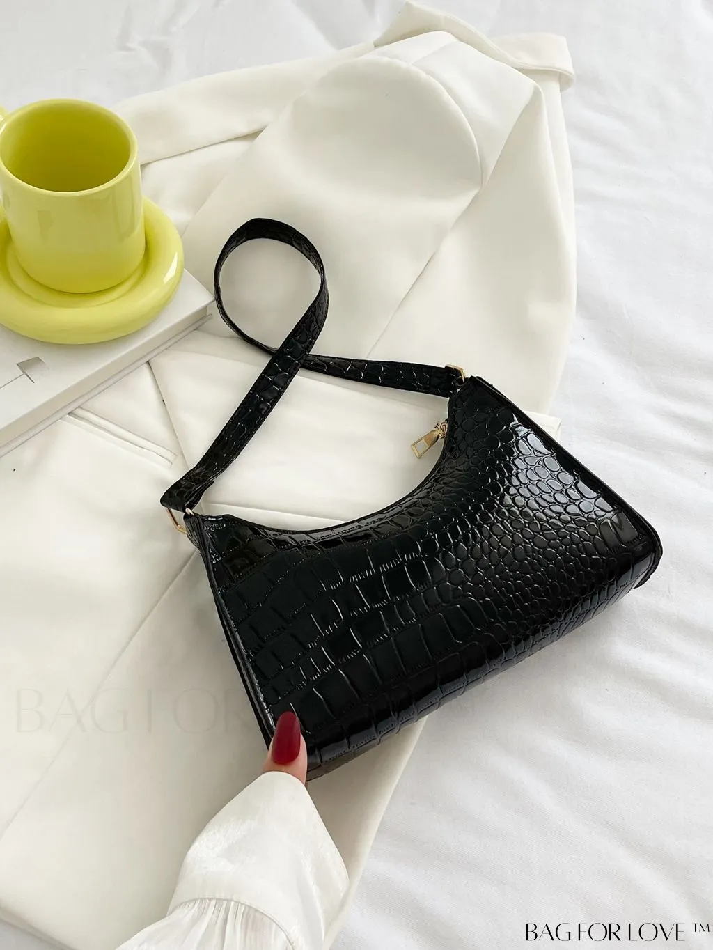 BagForLove - Crocodile-Embossed Khaki Baguette: Sleek and Compact Design