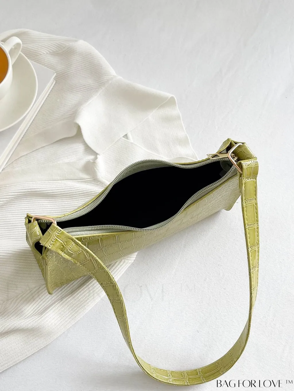 BagForLove - Crocodile-Embossed Khaki Baguette: Sleek and Compact Design