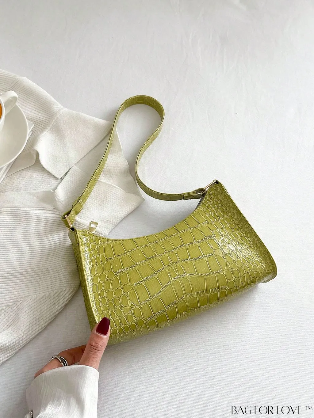 BagForLove - Crocodile-Embossed Khaki Baguette: Sleek and Compact Design