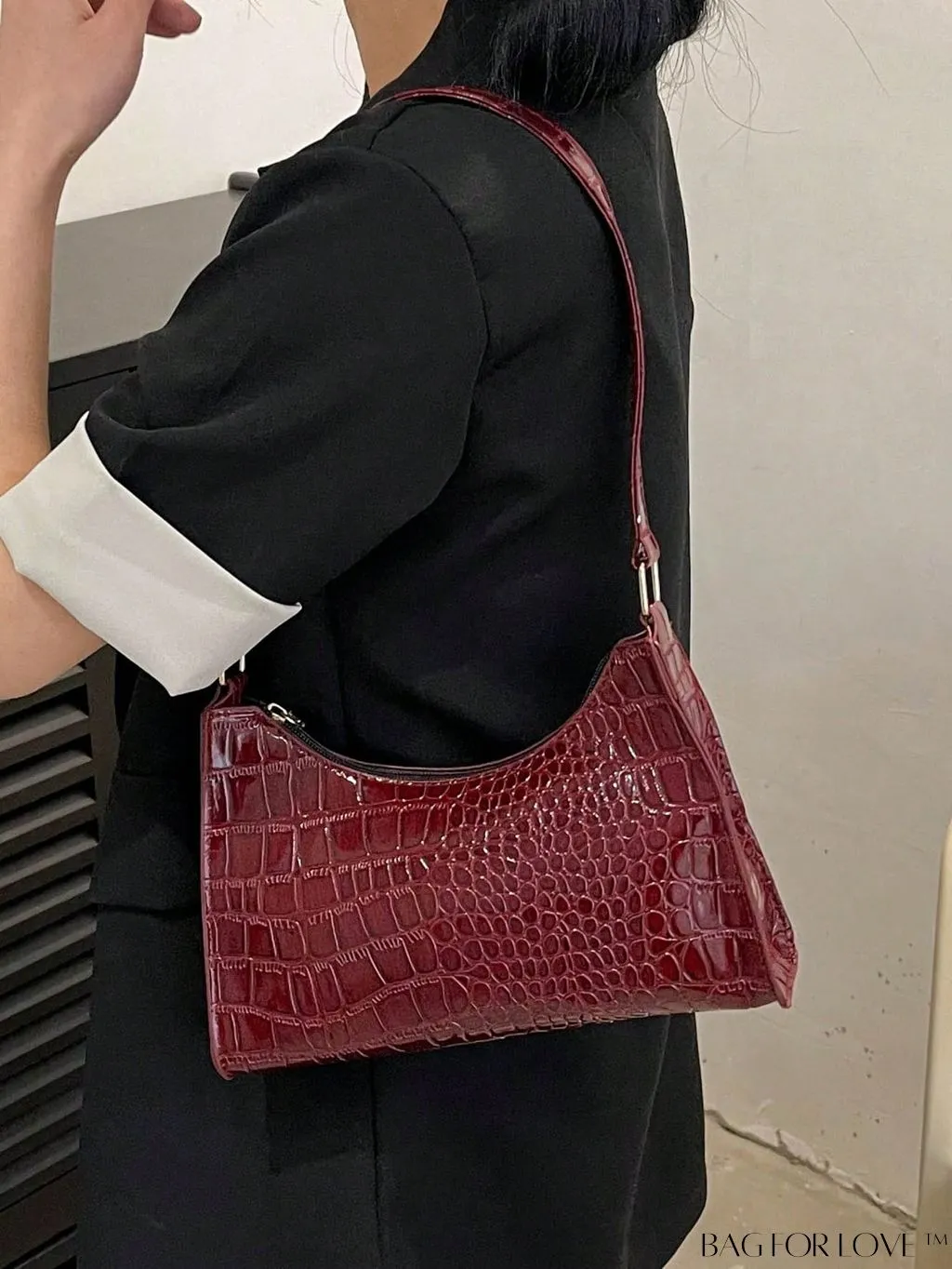 BagForLove - Crocodile-Embossed Khaki Baguette: Sleek and Compact Design