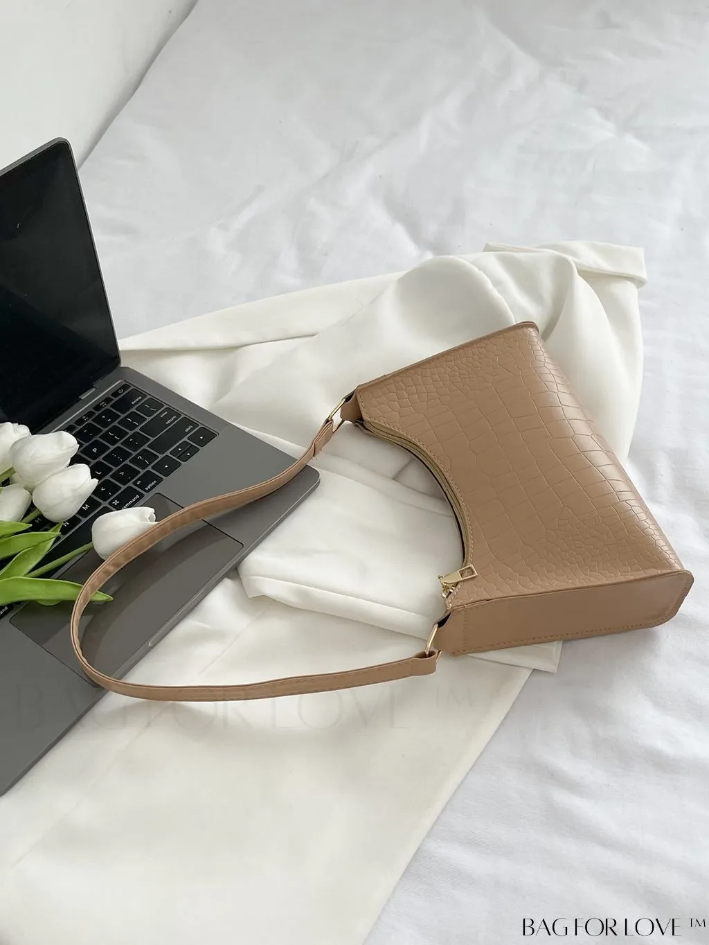 BagForLove - Crocodile-Embossed Khaki Baguette: Sleek and Compact Design