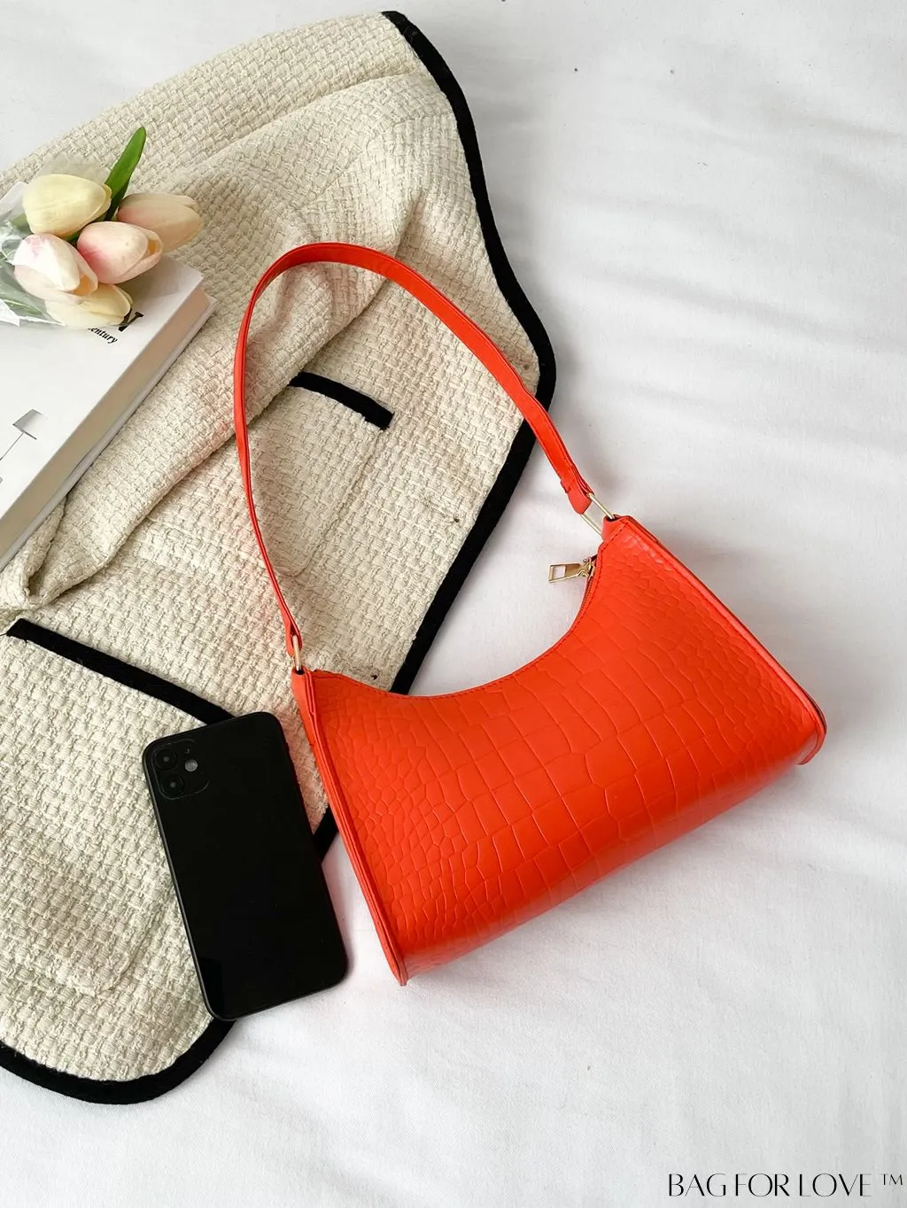 BagForLove - Crocodile-Embossed Khaki Baguette: Sleek and Compact Design