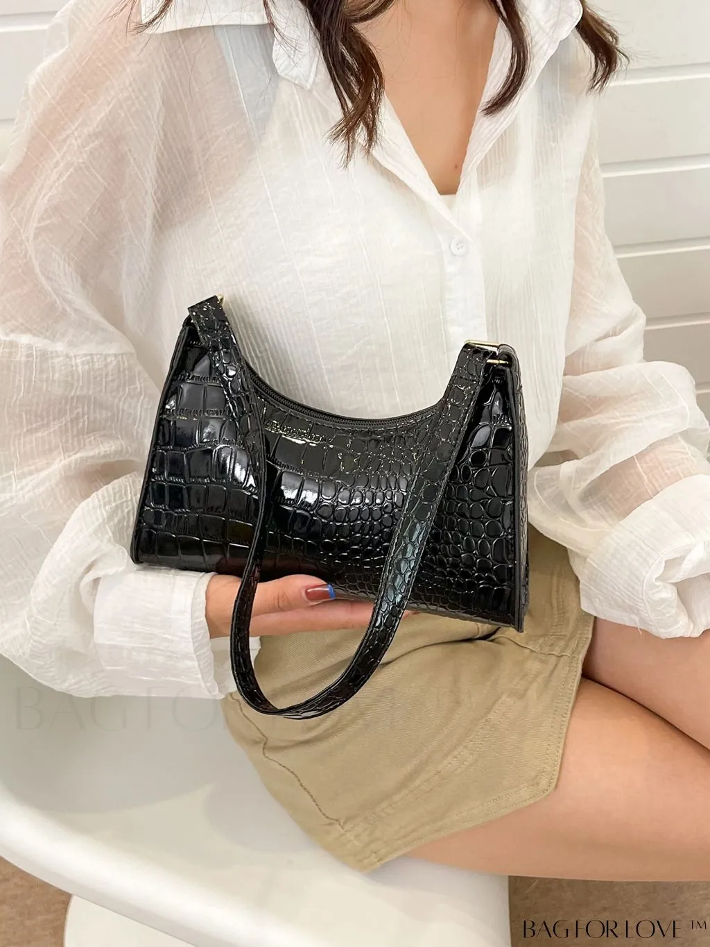 BagForLove - Crocodile-Embossed Khaki Baguette: Sleek and Compact Design