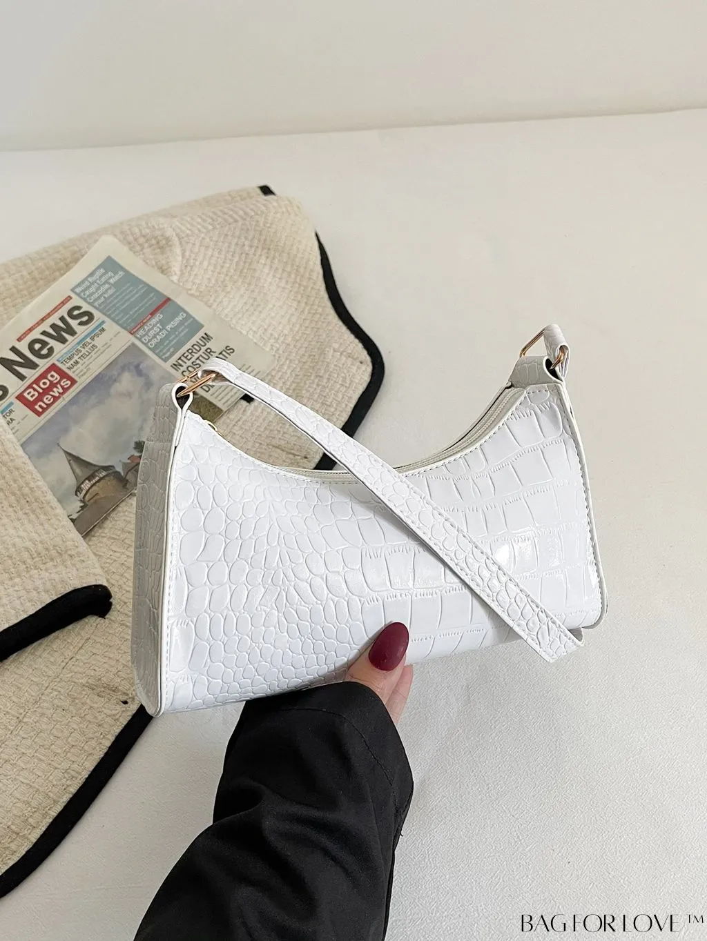 BagForLove - Crocodile-Embossed Khaki Baguette: Sleek and Compact Design