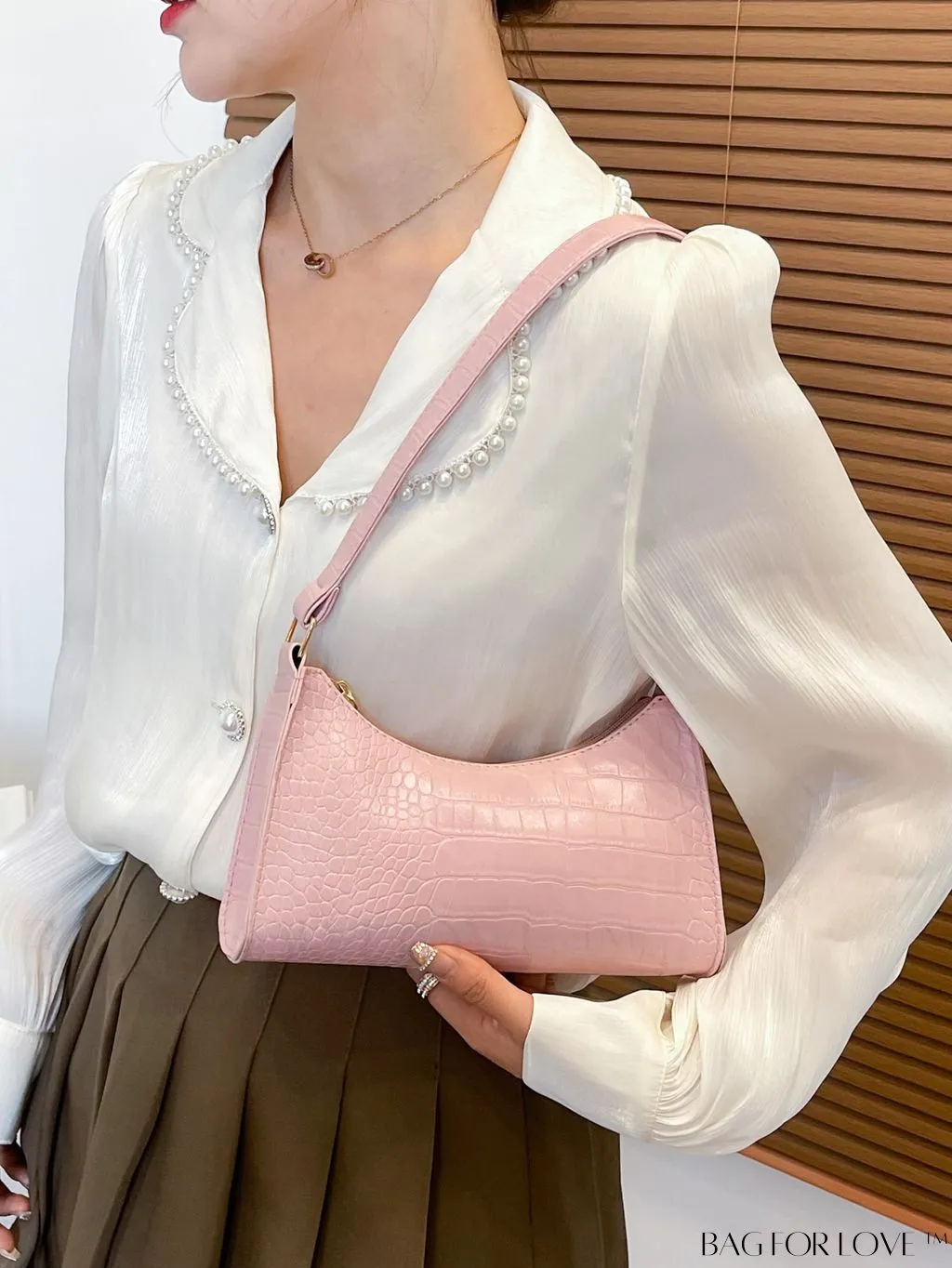 BagForLove - Crocodile-Embossed Khaki Baguette: Sleek and Compact Design