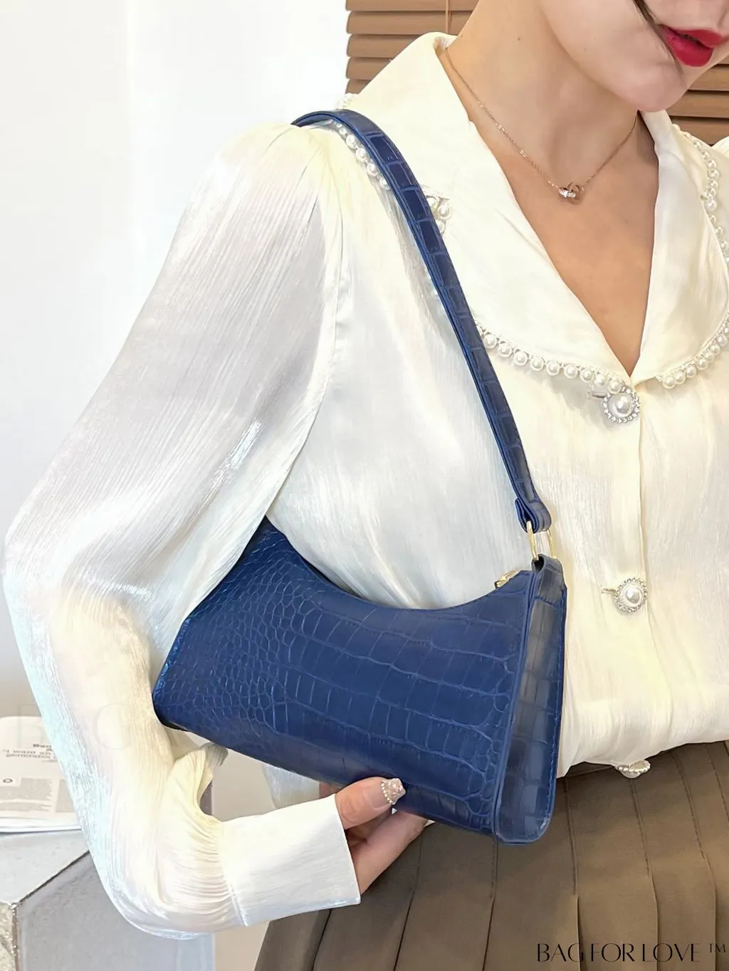 BagForLove - Crocodile-Embossed Khaki Baguette: Sleek and Compact Design