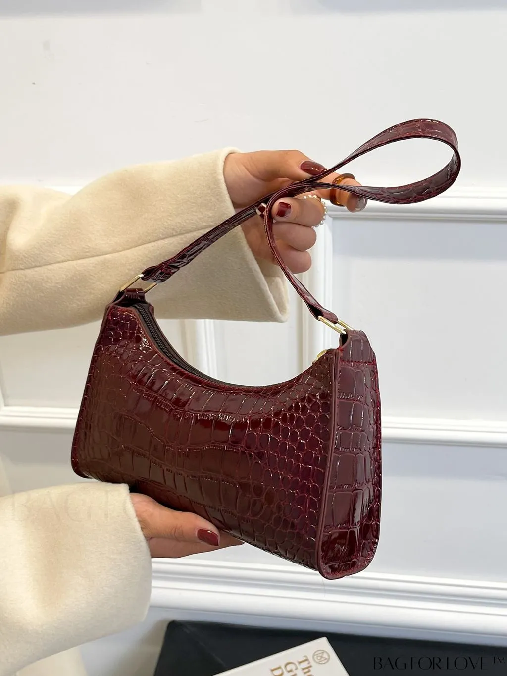 BagForLove - Crocodile-Embossed Khaki Baguette: Sleek and Compact Design