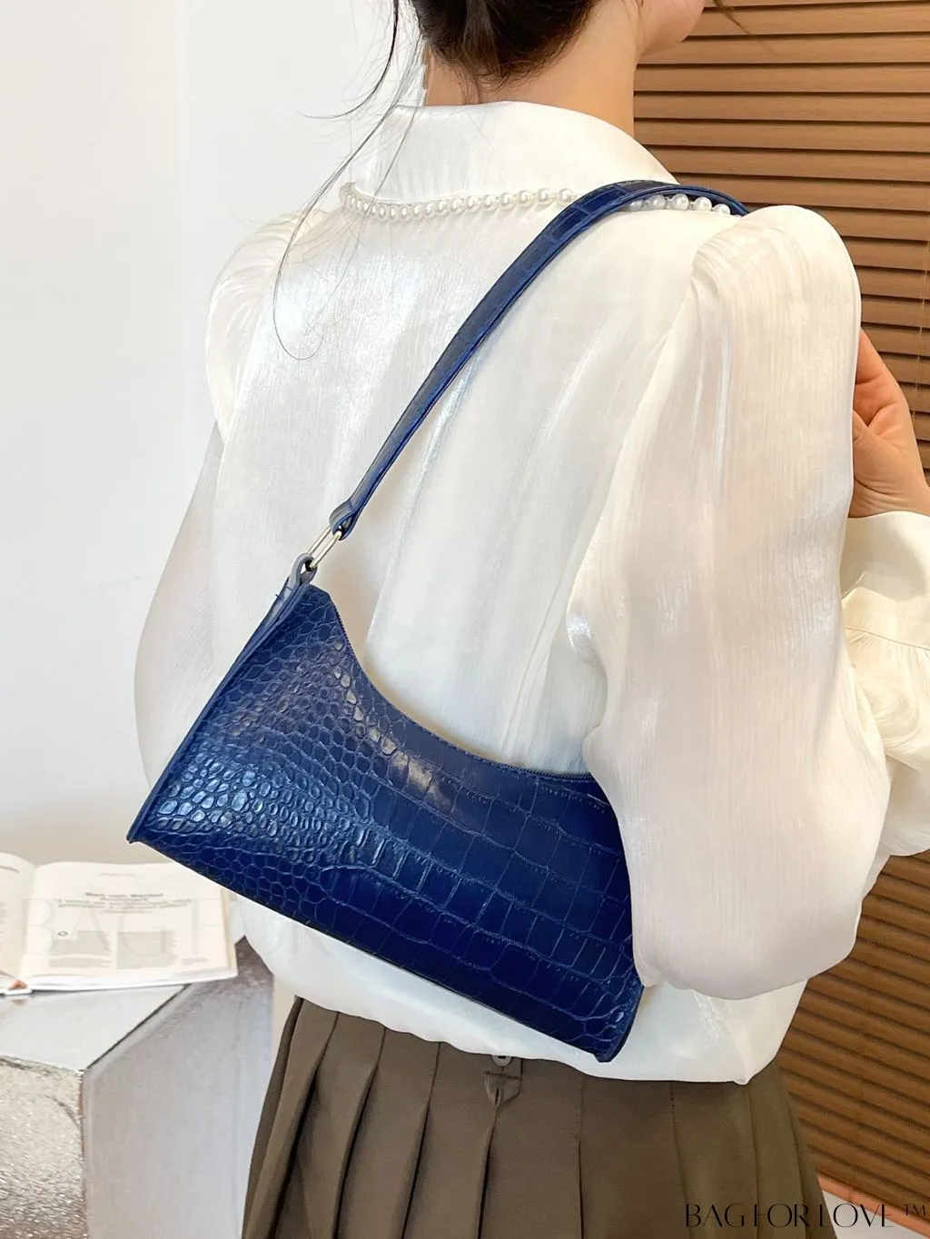 BagForLove - Crocodile-Embossed Khaki Baguette: Sleek and Compact Design