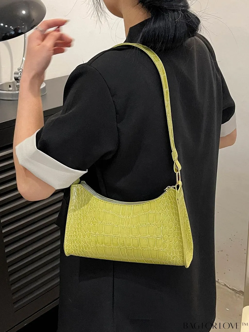 BagForLove - Crocodile-Embossed Khaki Baguette: Sleek and Compact Design