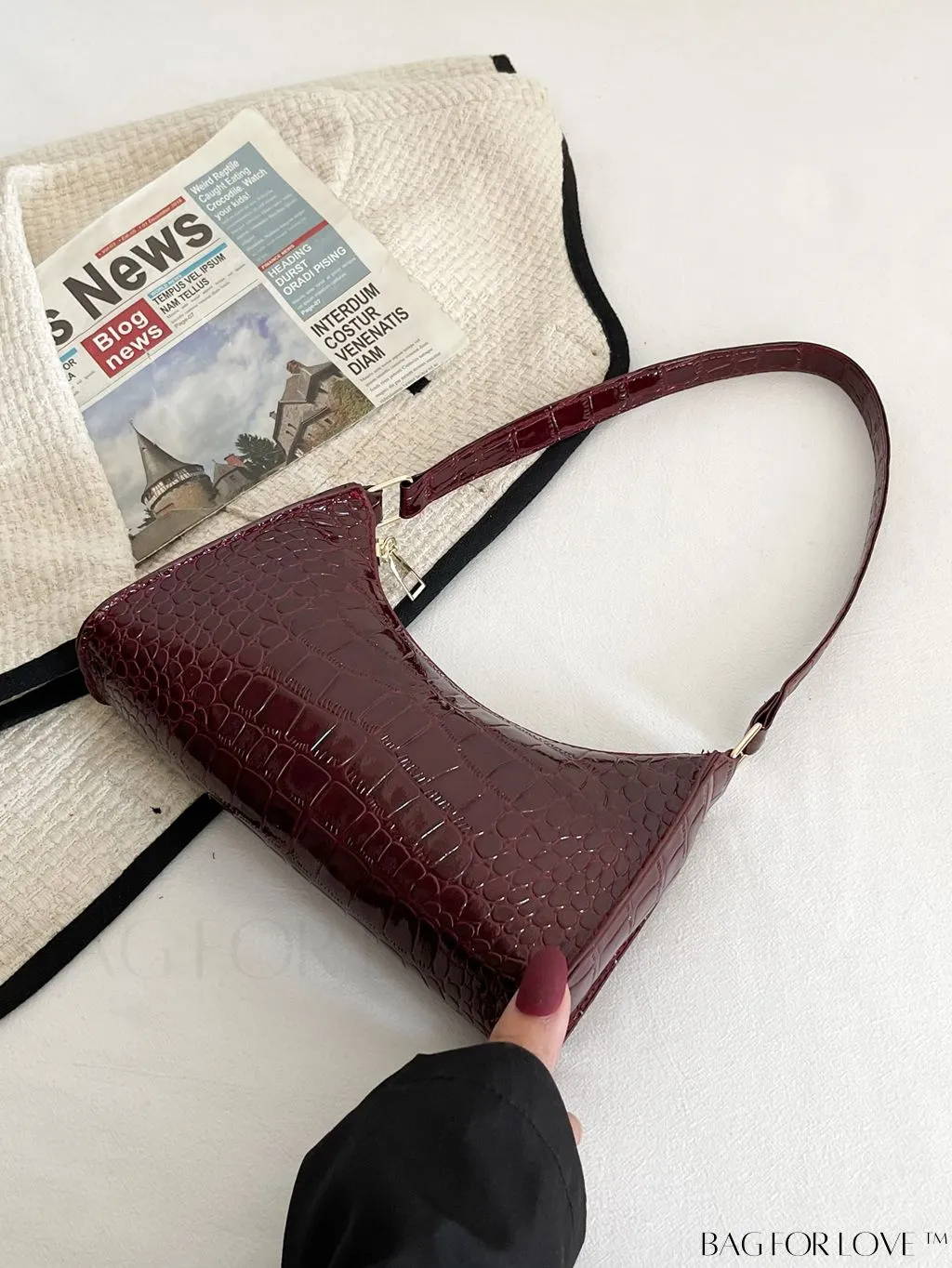 BagForLove - Crocodile-Embossed Khaki Baguette: Sleek and Compact Design