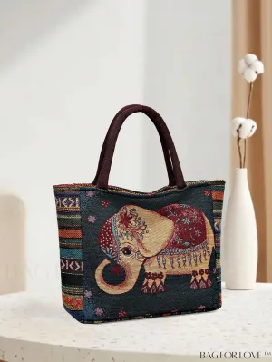 BagForLove - Elephant & Geometric Embroidered Shopper Bag: Vintage-inspired, Double Handle, Perfect for Vacations