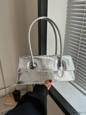 BagForLove - Silver Metallic Crocodile-Embossed Baguette Bag: Stylish and Sophisticated