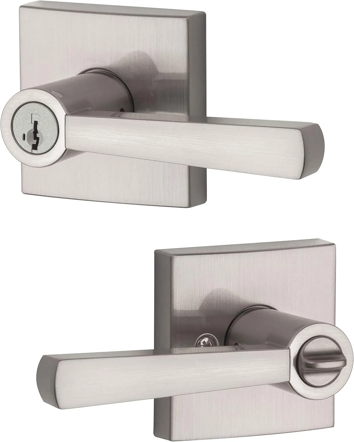 Baldwin Spyglass , Entry Door Handle Reversible Lever with Keyed Lock Featuring SmartKey Re-key Technology and Microban Protection, in Satin Nickel