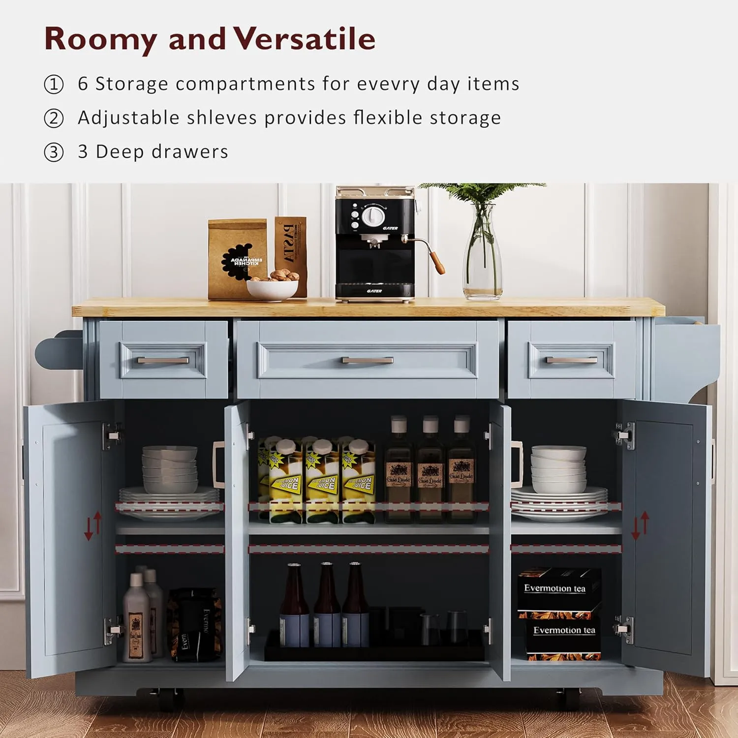 Ball & Cast Large Kitchen Island with Rubber Wood Drop Leaf,Embossed Texture Rolling Kitchen Cart On 4 Wheels W/4 Doors&3 Drawers,Mobile Kitchen Islands W/Storage for Kitchen,Dining Room,Grey Blue,54"