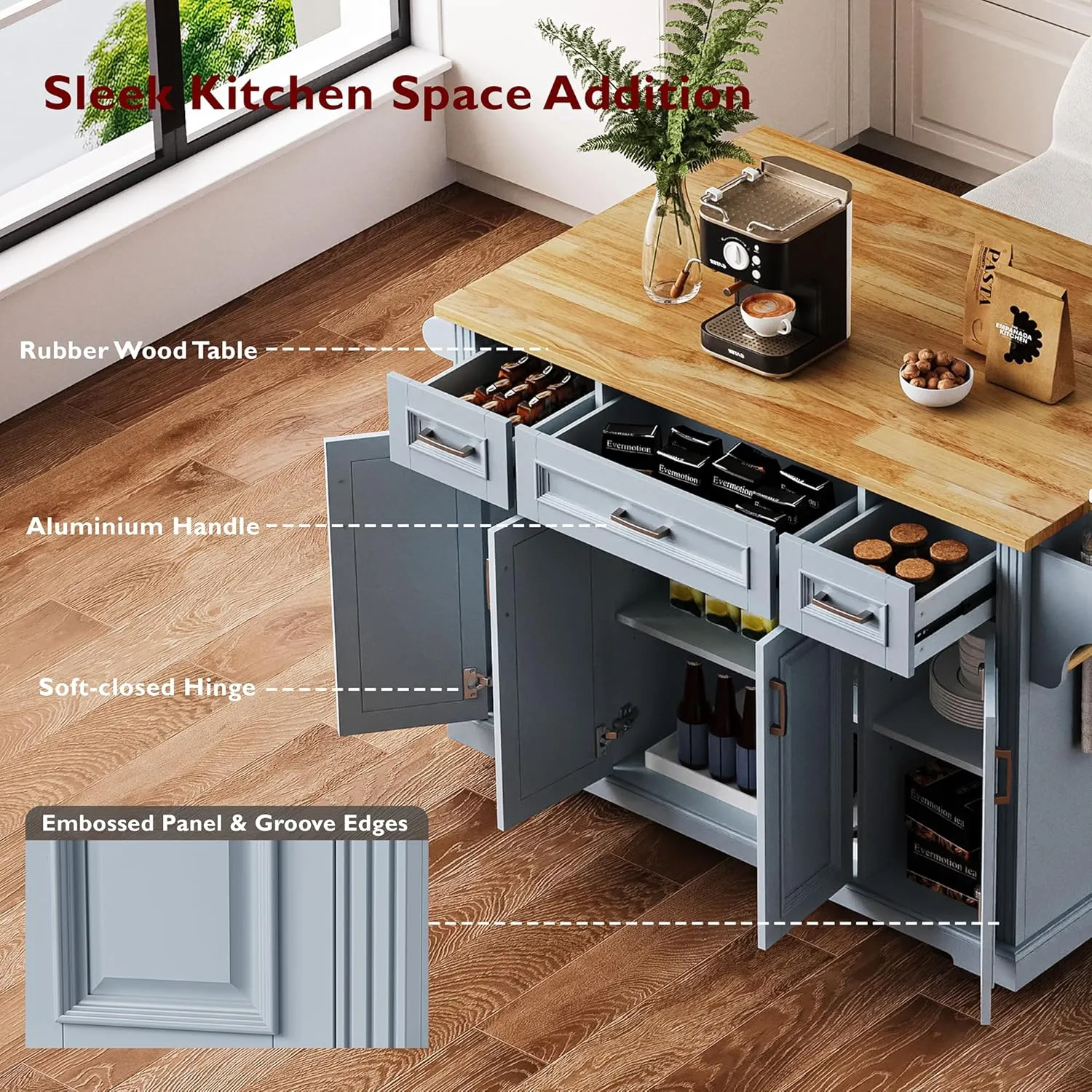 Ball & Cast Large Kitchen Island with Rubber Wood Drop Leaf,Embossed Texture Rolling Kitchen Cart On 4 Wheels W/4 Doors&3 Drawers,Mobile Kitchen Islands W/Storage for Kitchen,Dining Room,Grey Blue,54"