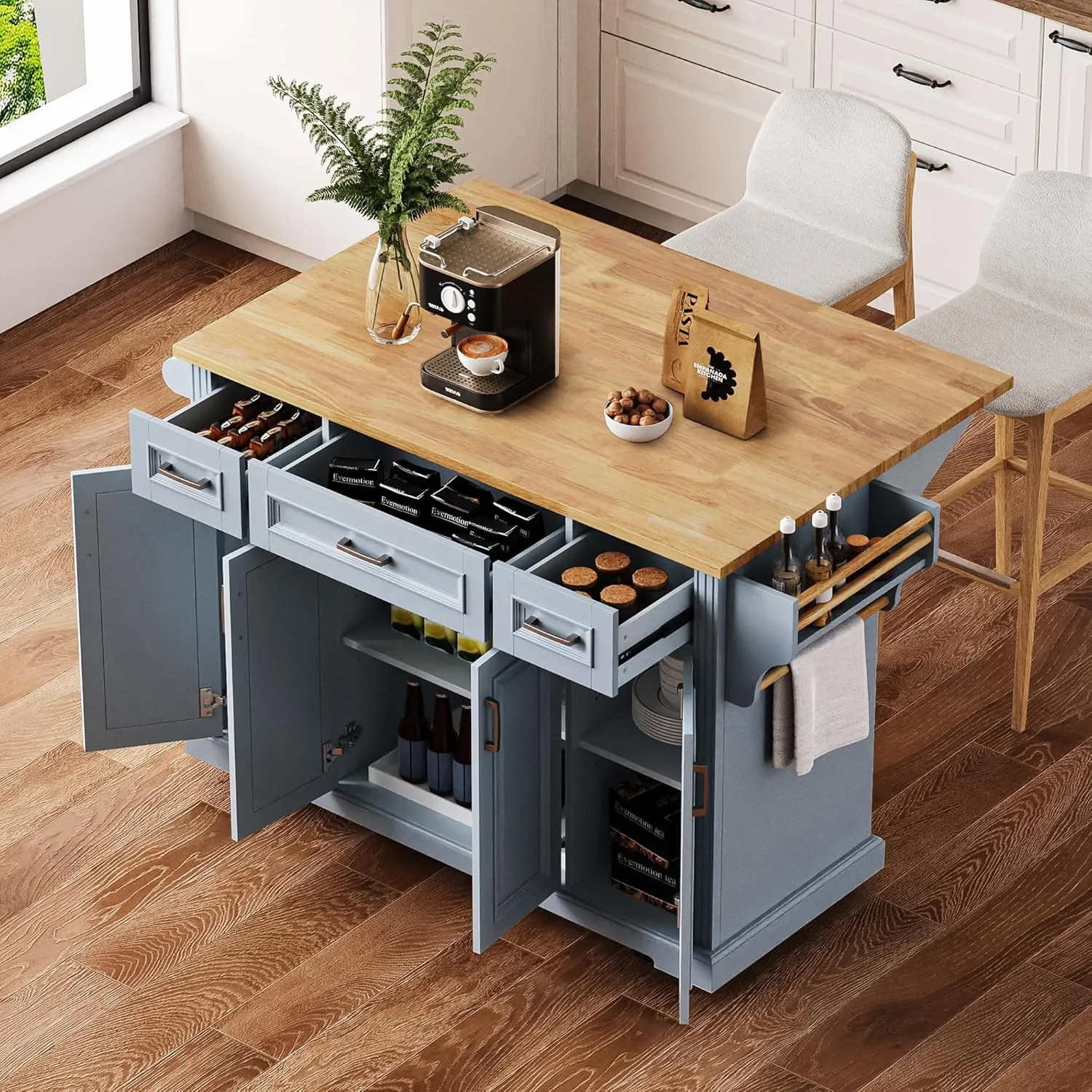 Ball & Cast Large Kitchen Island with Rubber Wood Drop Leaf,Embossed Texture Rolling Kitchen Cart On 4 Wheels W/4 Doors&3 Drawers,Mobile Kitchen Islands W/Storage for Kitchen,Dining Room,Grey Blue,54"
