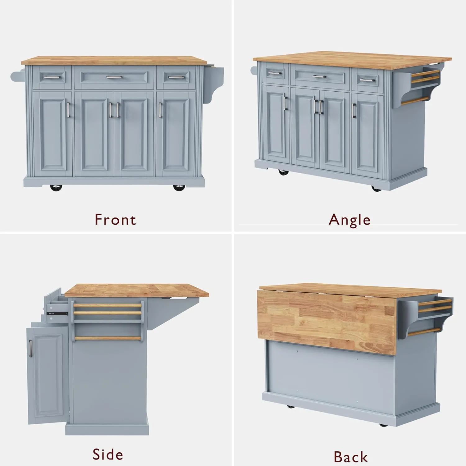 Ball & Cast Large Kitchen Island with Rubber Wood Drop Leaf,Embossed Texture Rolling Kitchen Cart On 4 Wheels W/4 Doors&3 Drawers,Mobile Kitchen Islands W/Storage for Kitchen,Dining Room,Grey Blue,54"