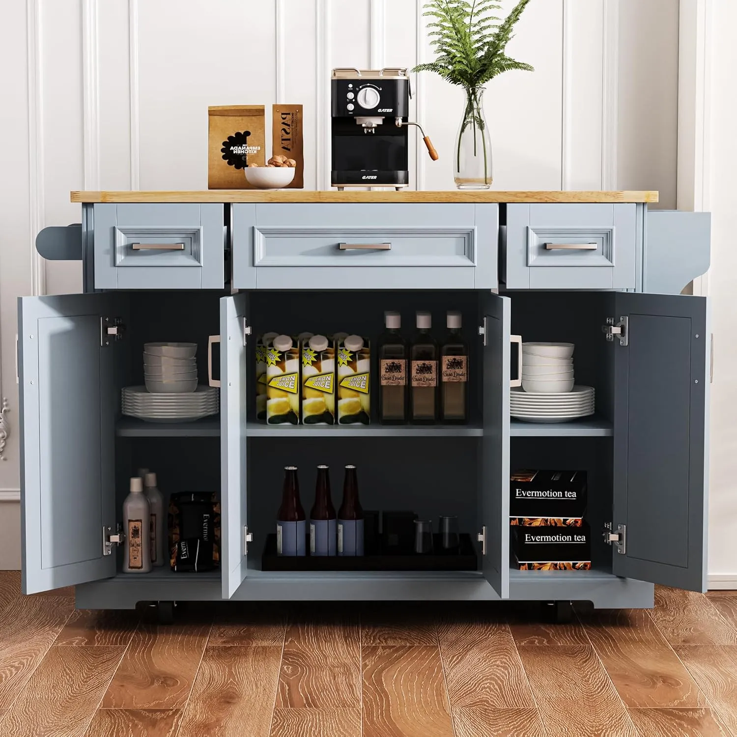 Ball & Cast Large Kitchen Island with Rubber Wood Drop Leaf,Embossed Texture Rolling Kitchen Cart On 4 Wheels W/4 Doors&3 Drawers,Mobile Kitchen Islands W/Storage for Kitchen,Dining Room,Grey Blue,54"