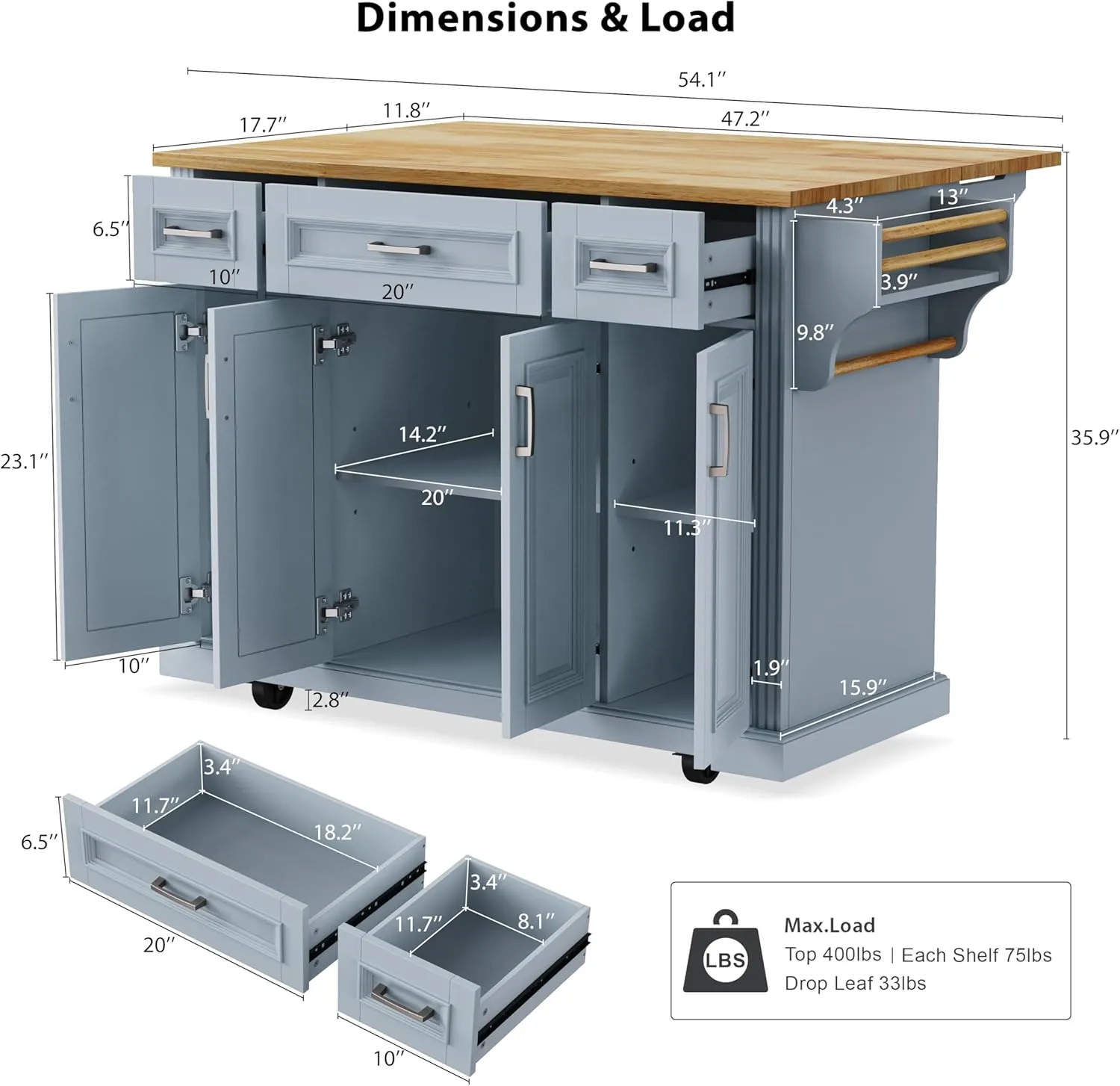 Ball & Cast Large Kitchen Island with Rubber Wood Drop Leaf,Embossed Texture Rolling Kitchen Cart On 4 Wheels W/4 Doors&3 Drawers,Mobile Kitchen Islands W/Storage for Kitchen,Dining Room,Grey Blue,54"