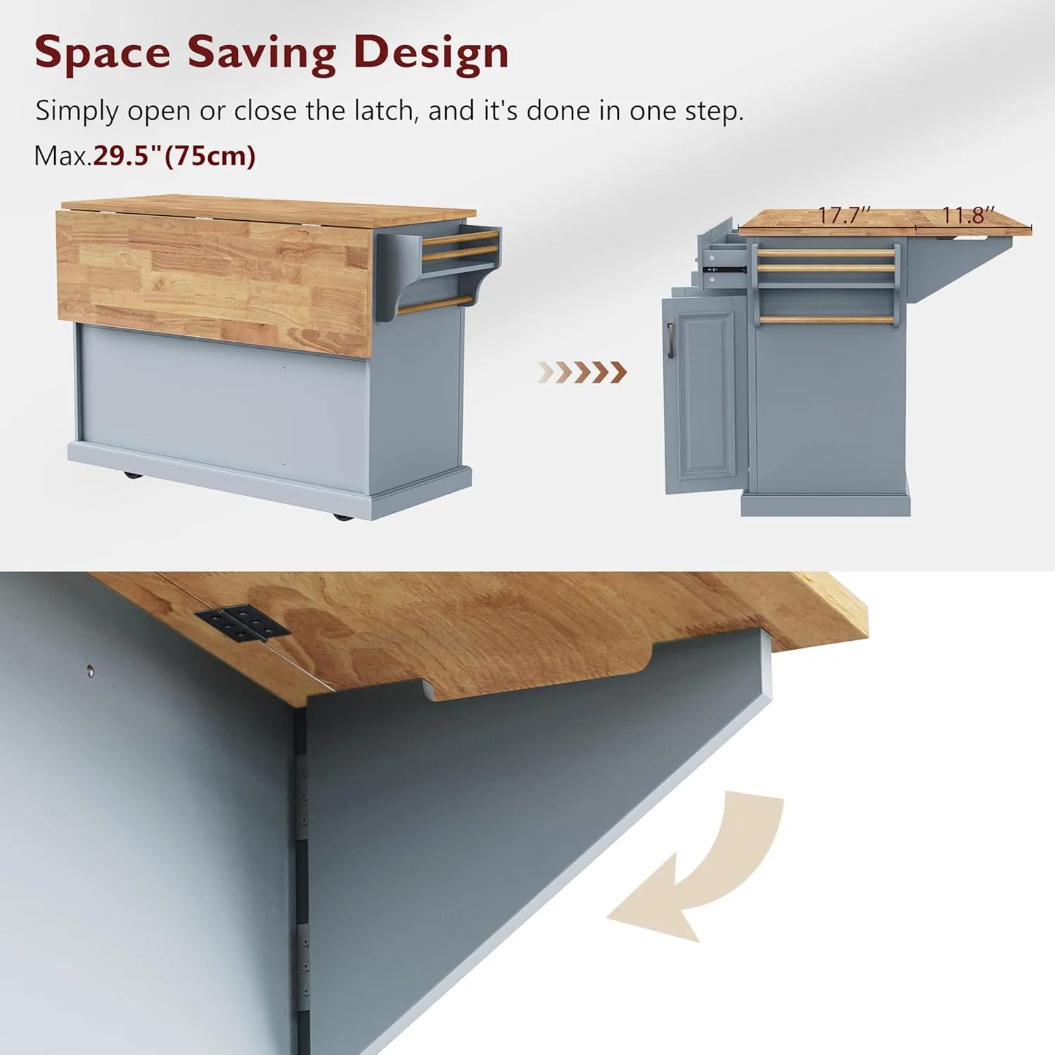 Ball & Cast Large Kitchen Island with Rubber Wood Drop Leaf,Embossed Texture Rolling Kitchen Cart On 4 Wheels W/4 Doors&3 Drawers,Mobile Kitchen Islands W/Storage for Kitchen,Dining Room,Grey Blue,54"