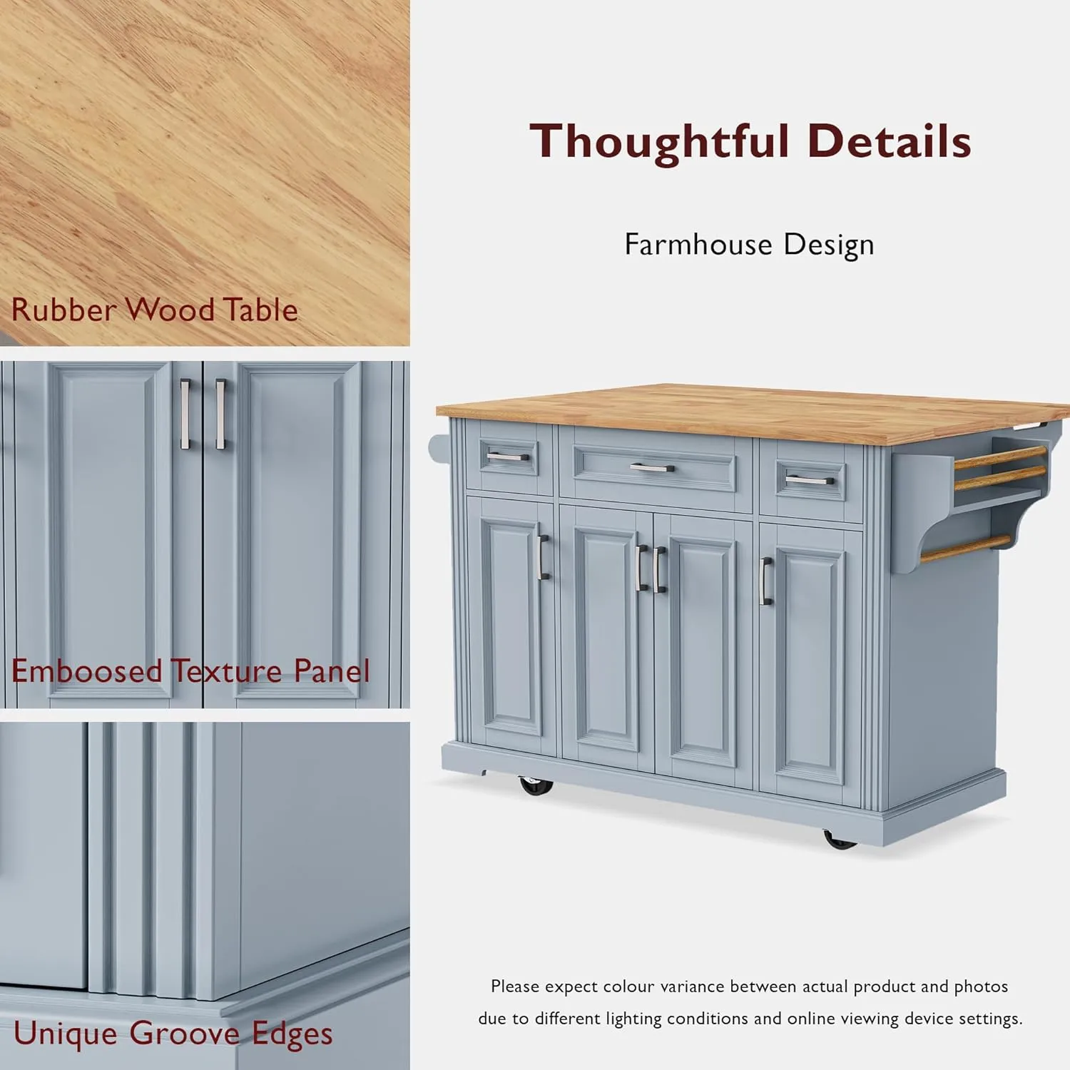 Ball & Cast Large Kitchen Island with Rubber Wood Drop Leaf,Embossed Texture Rolling Kitchen Cart On 4 Wheels W/4 Doors&3 Drawers,Mobile Kitchen Islands W/Storage for Kitchen,Dining Room,Grey Blue,54"