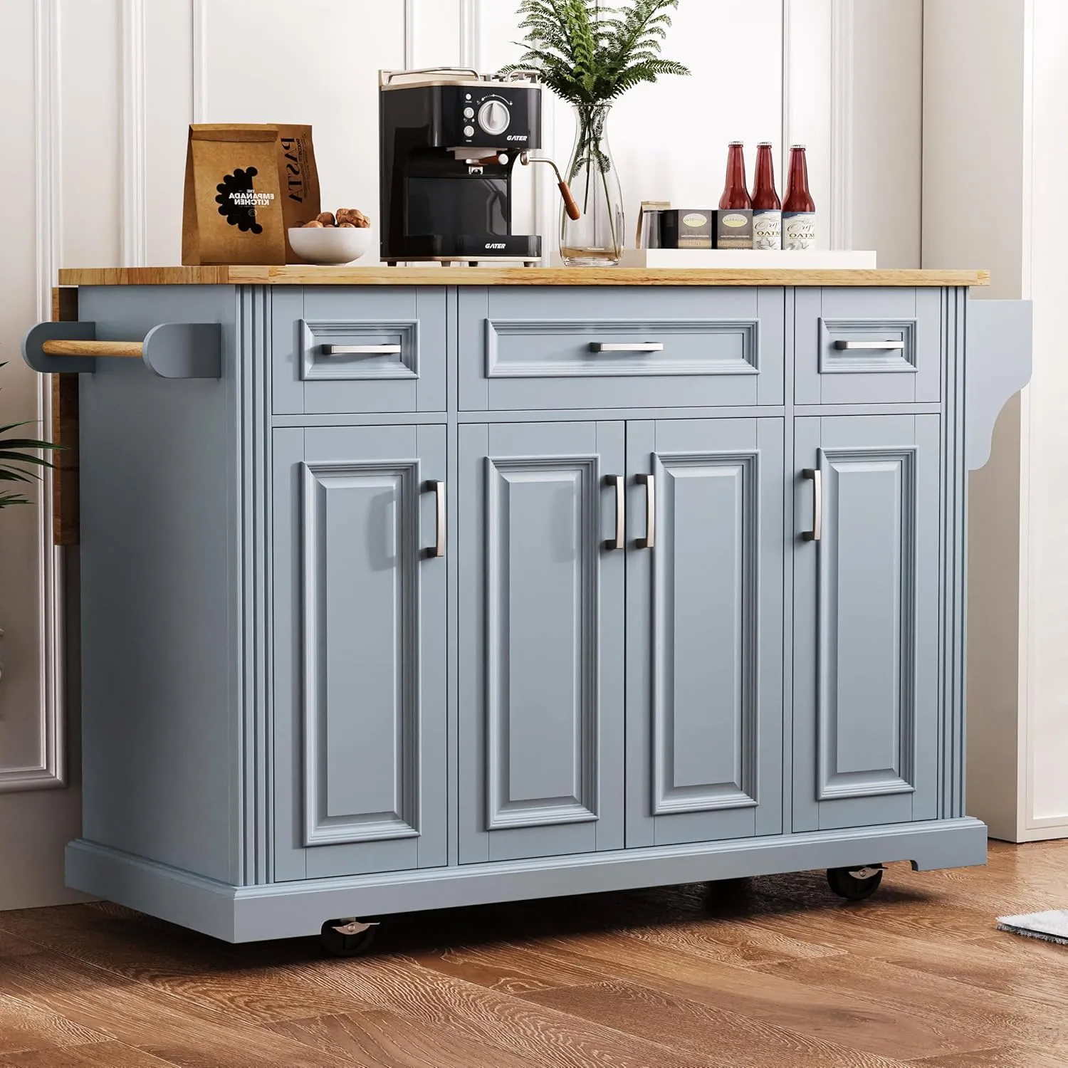 Ball & Cast Large Kitchen Island with Rubber Wood Drop Leaf,Embossed Texture Rolling Kitchen Cart On 4 Wheels W/4 Doors&3 Drawers,Mobile Kitchen Islands W/Storage for Kitchen,Dining Room,Grey Blue,54"