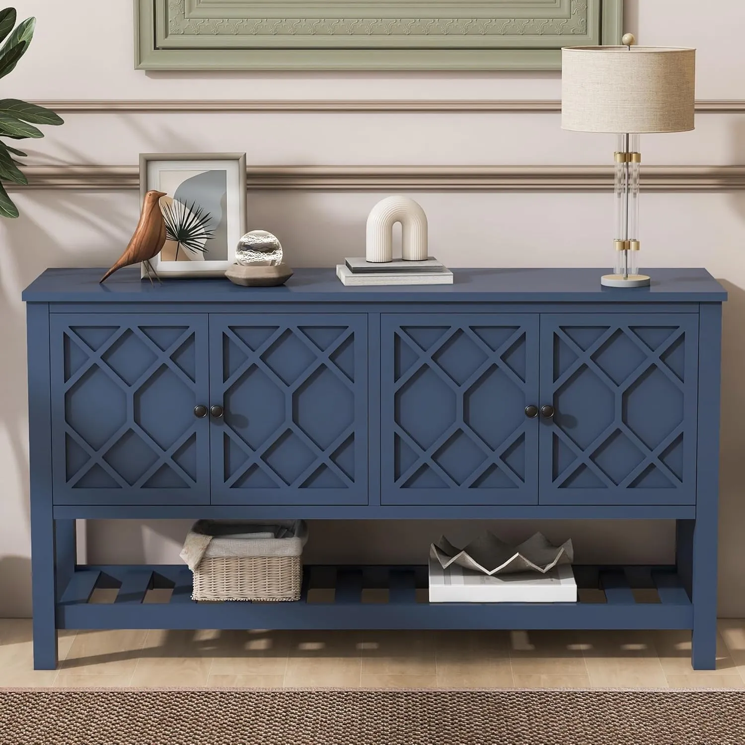 Ball & Cast Modern 4-Doors Sideboard Cabinet w/Polygonal Door & Open Shelf, Classic Wood Decorative Chest Elegant Entryway Console Table for Kitchen Dining Room Living Room Hallway, Navy Blue