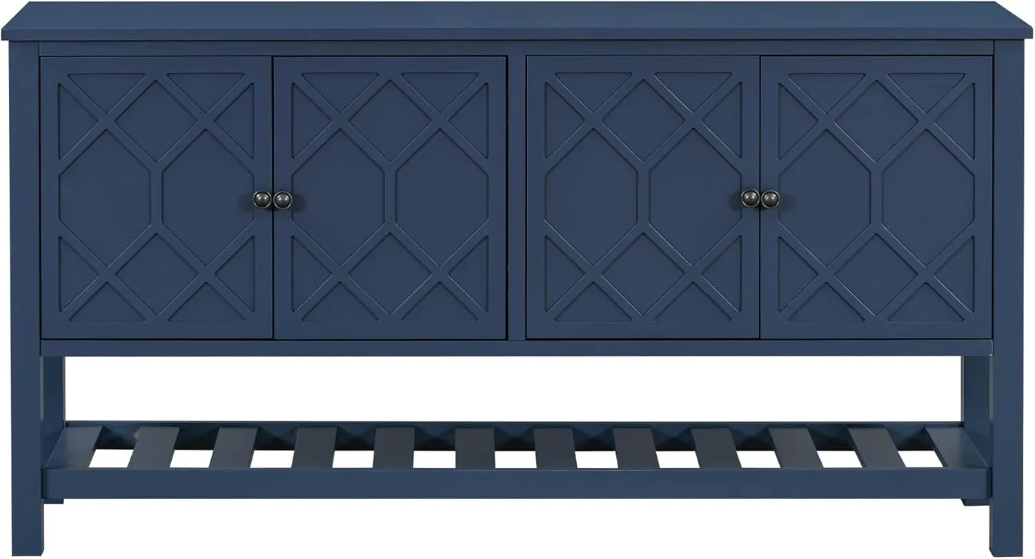 Ball & Cast Modern 4-Doors Sideboard Cabinet w/Polygonal Door & Open Shelf, Classic Wood Decorative Chest Elegant Entryway Console Table for Kitchen Dining Room Living Room Hallway, Navy Blue