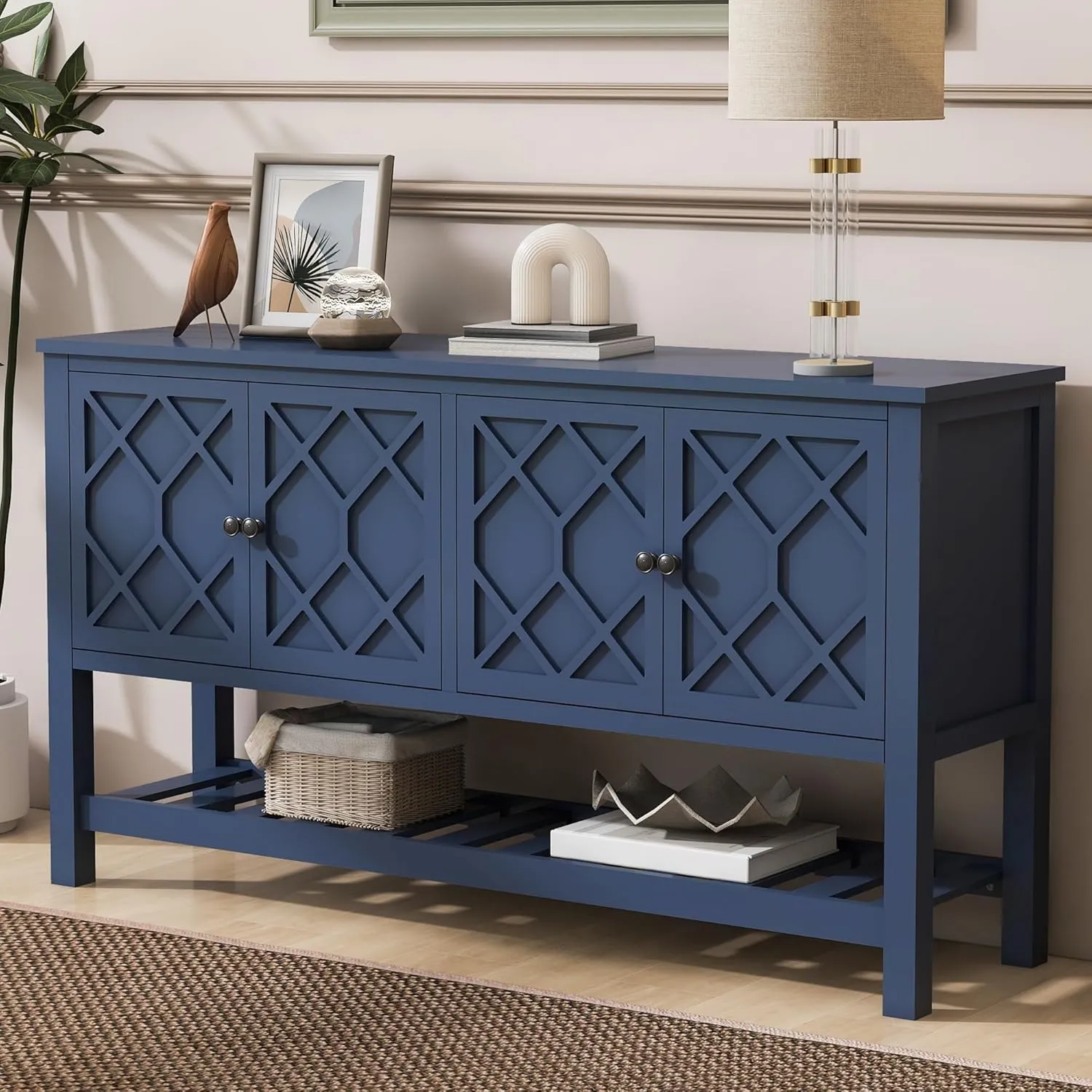 Ball & Cast Modern 4-Doors Sideboard Cabinet w/Polygonal Door & Open Shelf, Classic Wood Decorative Chest Elegant Entryway Console Table for Kitchen Dining Room Living Room Hallway, Navy Blue