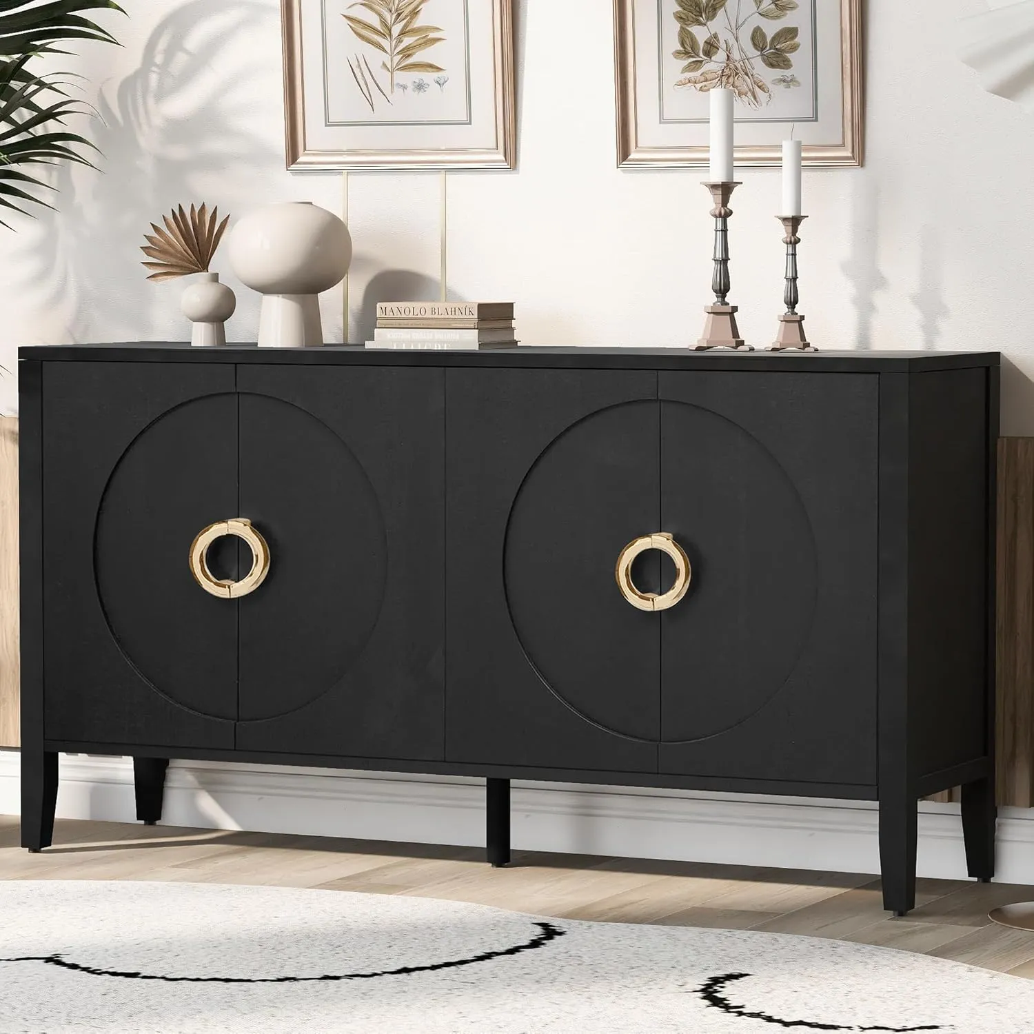 Ball & Cast Modern 4-Doors Sideboard Cabinet w/Special Round Ring Handle&Door, Classic Wood Decorative Chest Elegant Entryway Console Table for Kitchen Dining Room Living Hallway, Navy Blue