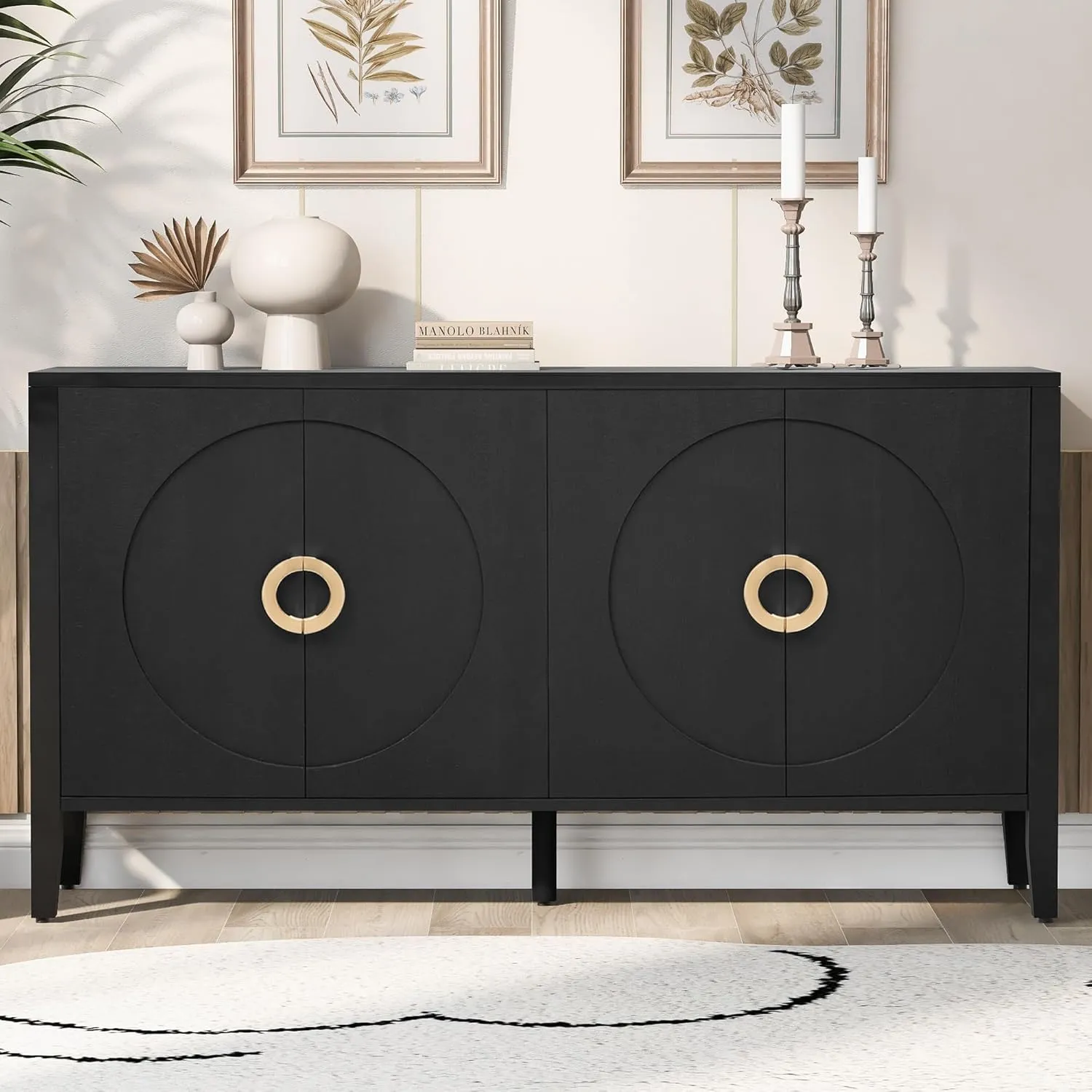 Ball & Cast Modern 4-Doors Sideboard Cabinet w/Special Round Ring Handle&Door, Classic Wood Decorative Chest Elegant Entryway Console Table for Kitchen Dining Room Living Hallway, Navy Blue