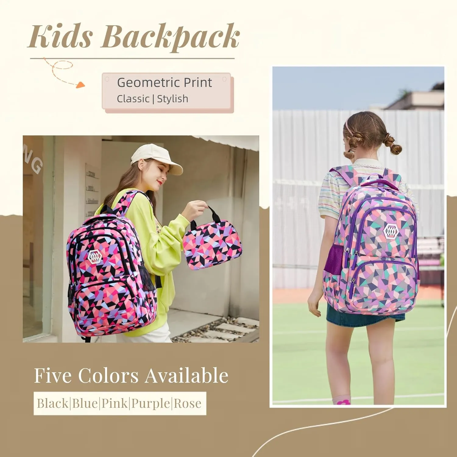 Bansusu 3Pcs Purple-a-3pcs Geometric Print Backpack and Lunch-Bag Set for Girls School Elementary Bookbags, 12.205.9016.53inch, 19 Liters