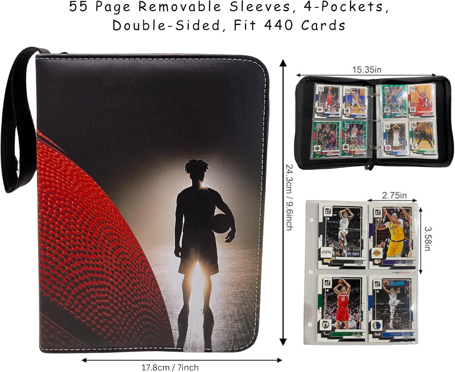 Basketball Card Binder, Trading Card Album with 55 Removable Top Loader Sleeves Fit 440 Basketball Baseball Soccer Football Cards, Compatible with 2024 2025 Topps Sports Card & TCG Collections.