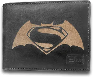 Batman vs Superman Genuine Cowhide Leather Laser Engraved Engraving Slimfold Mens Large Capacity Luxury Wallet Purse Minimalist Sleek and Slim Black Credit Card Holder Organizer 14 Pockets