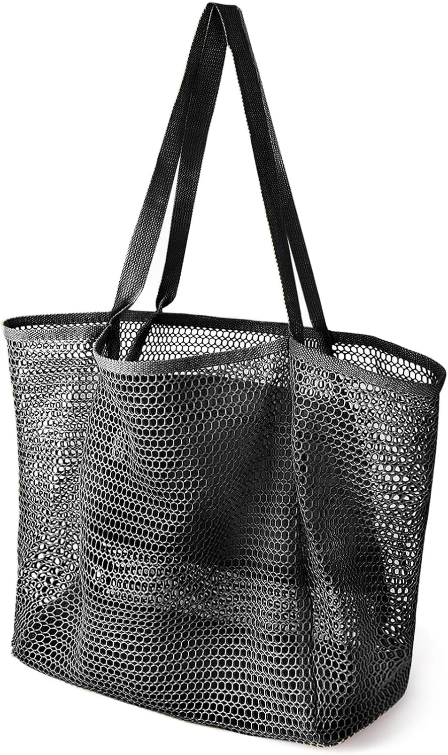 Beach Bags for Women, Summer Travel Mesh Tote Bag with Large Inner Pocket, Sandproof Woven Shoulder Handbag
