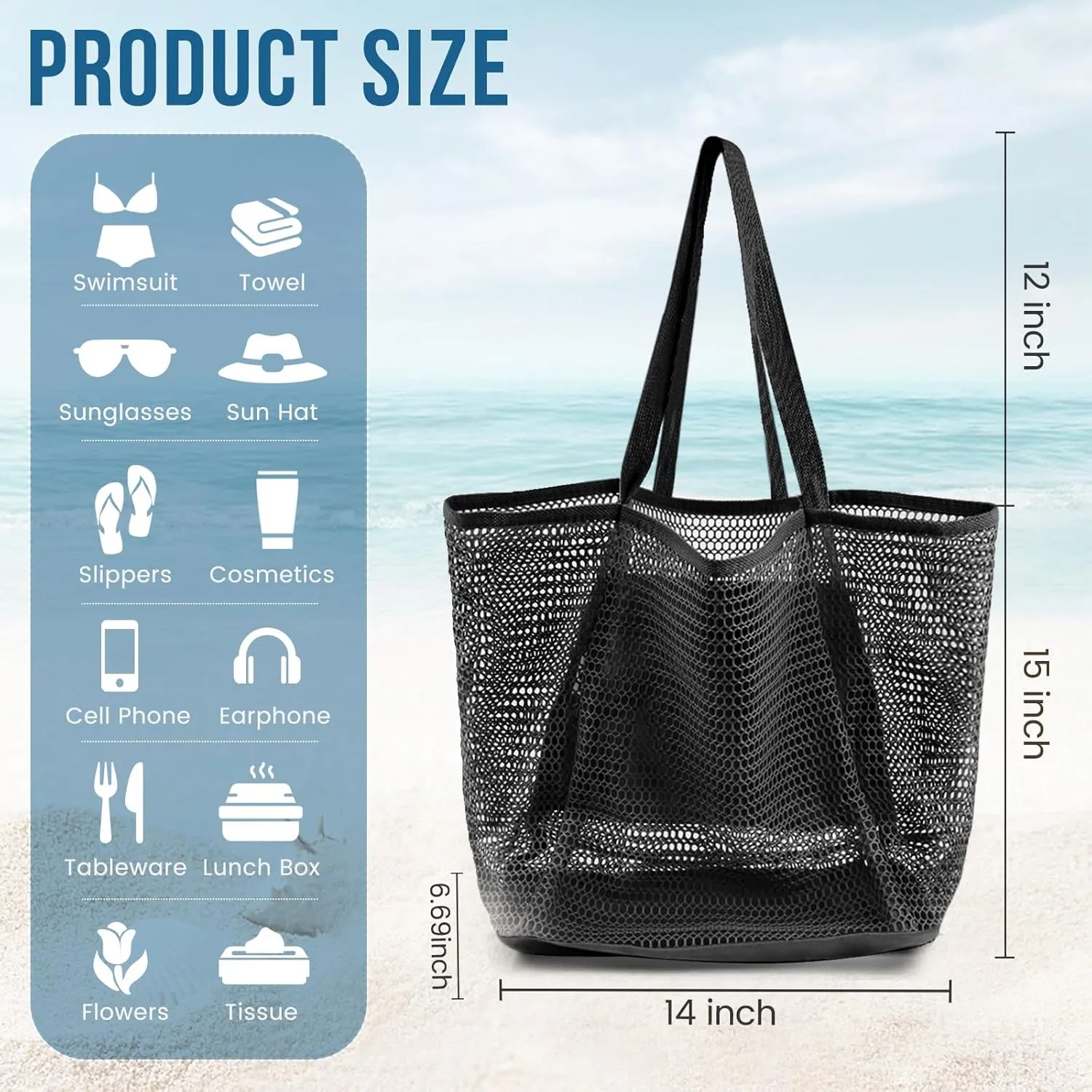 Beach Bags for Women, Summer Travel Mesh Tote Bag with Large Inner Pocket, Sandproof Woven Shoulder Handbag