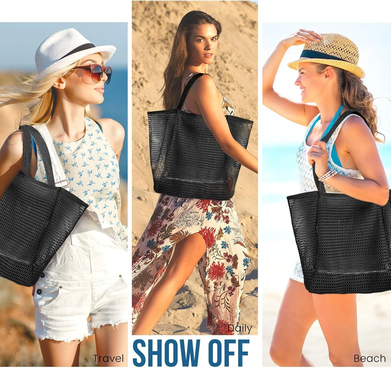 Beach Bags for Women, Summer Travel Mesh Tote Bag with Large Inner Pocket, Sandproof Woven Shoulder Handbag
