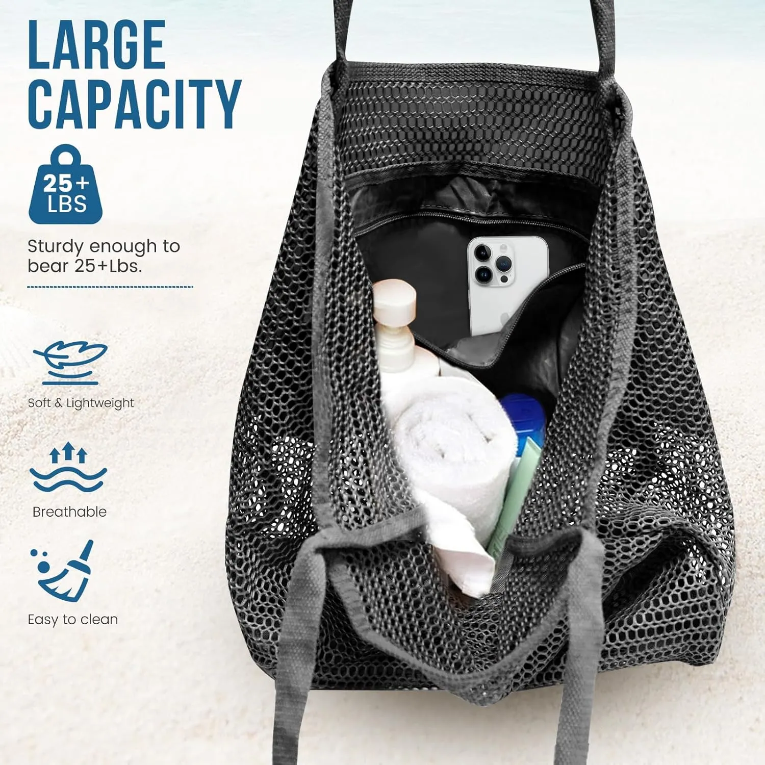 Beach Bags for Women, Summer Travel Mesh Tote Bag with Large Inner Pocket, Sandproof Woven Shoulder Handbag