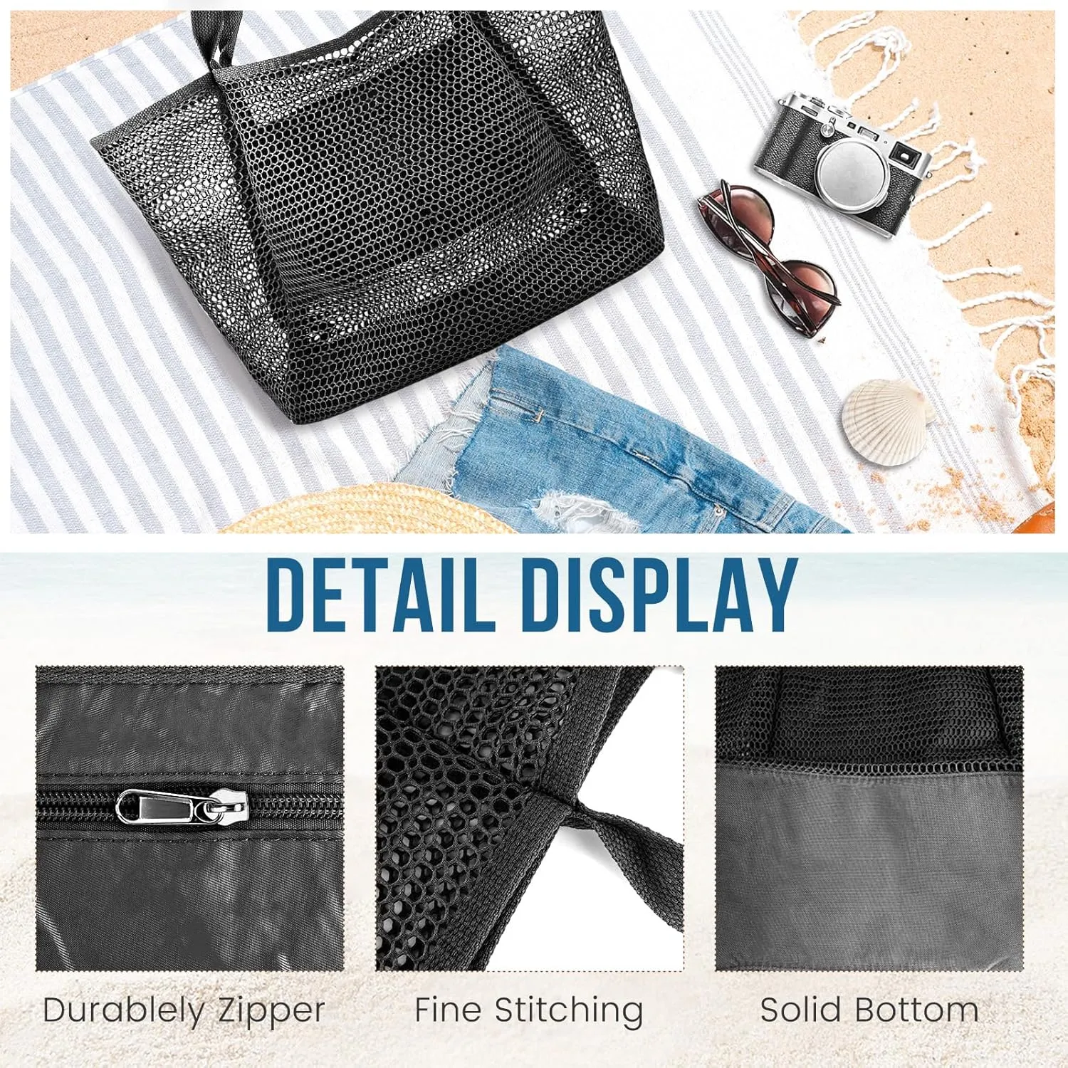 Beach Bags for Women, Summer Travel Mesh Tote Bag with Large Inner Pocket, Sandproof Woven Shoulder Handbag