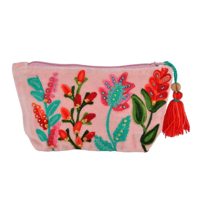 Beaded Floral Pink Velvet Zipper Pouch