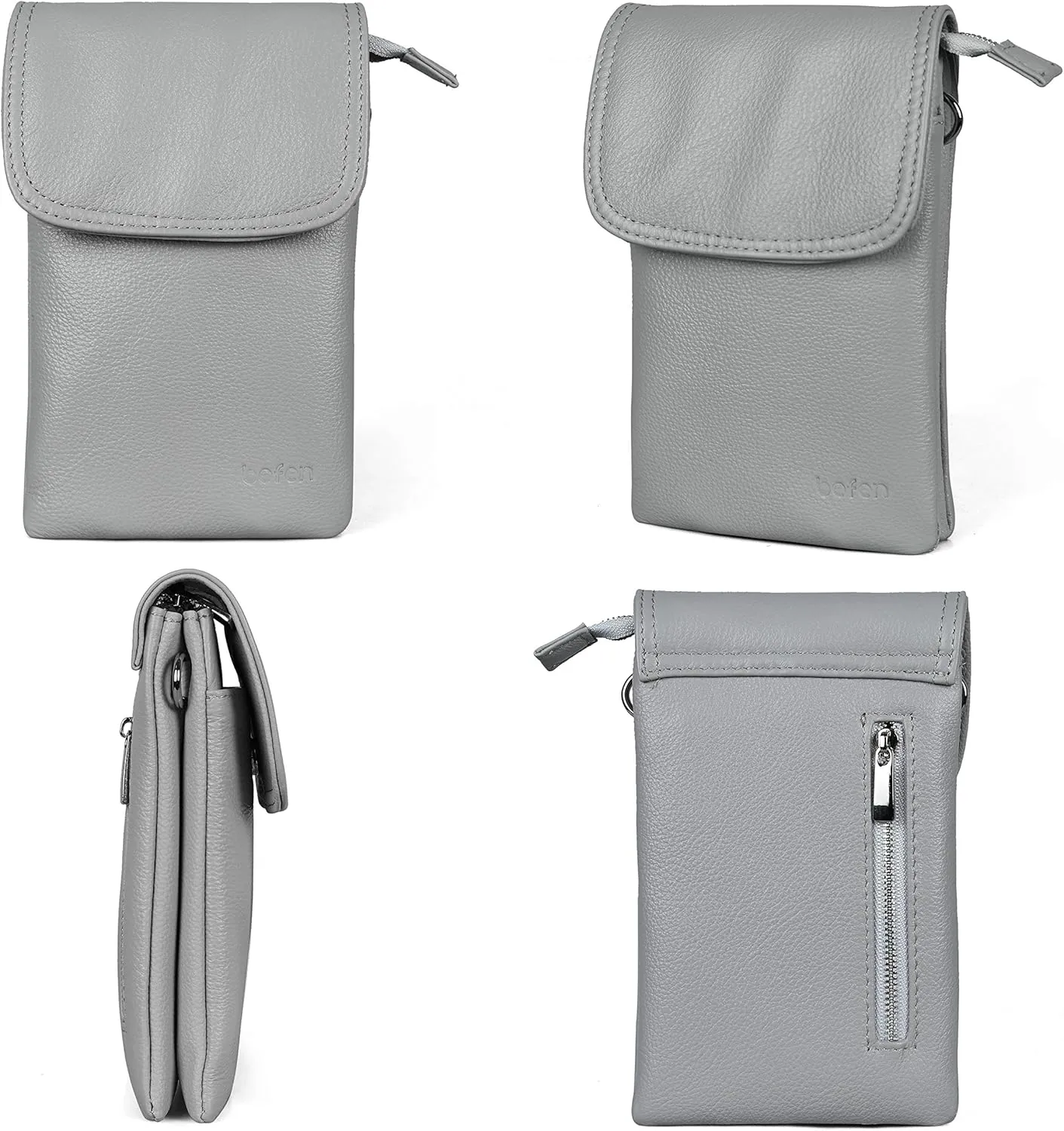 befen Genuine Leather Small Crossbody Bags for Women Cell Phone Bag Cross Body Purses,Silver Zipper