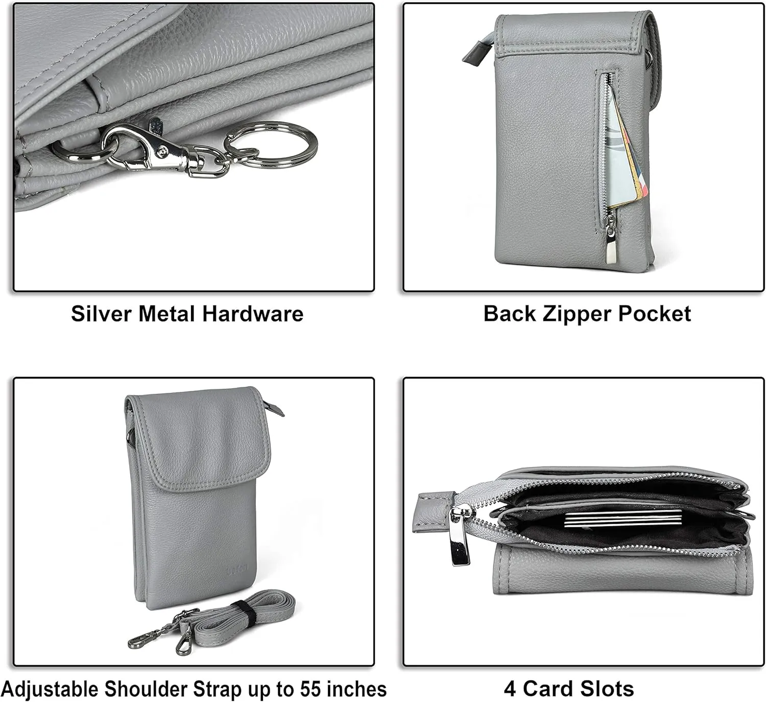 befen Genuine Leather Small Crossbody Bags for Women Cell Phone Bag Cross Body Purses,Silver Zipper