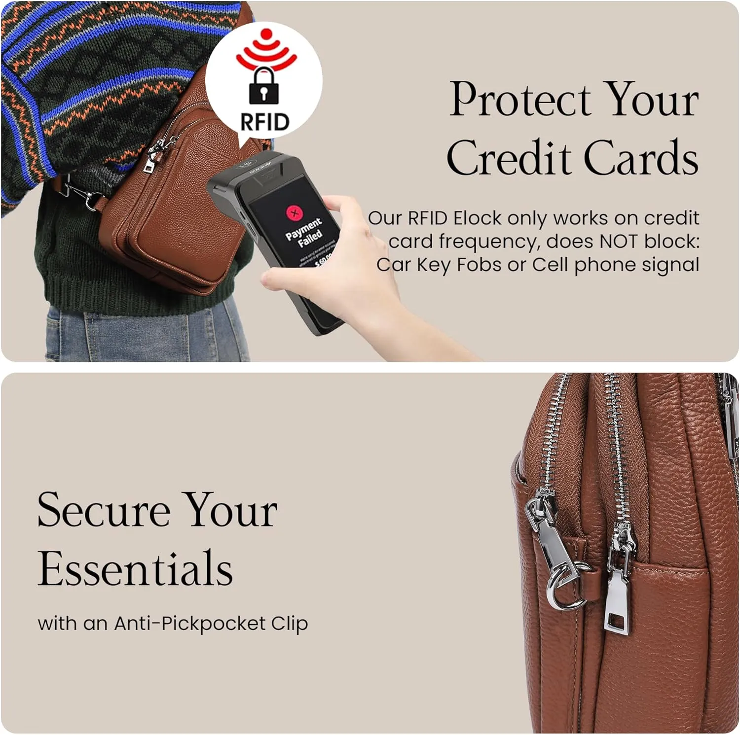befen Genuine Leather Small Sling Bag for Women Anti-Theft Crossbody Chest Bags Fanny Packs for Travel with RFID Card Slots