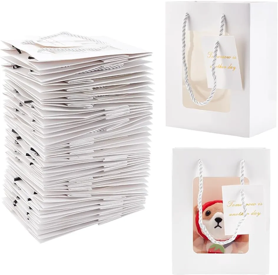 BENECREAT 30 Packs White Clear Gift Bags with Window, Kraft Paper Shopping Bags with Handle and Labels for Baby Shower Birthday Wedding Anniversary, 5.5x3.1x7 Inch