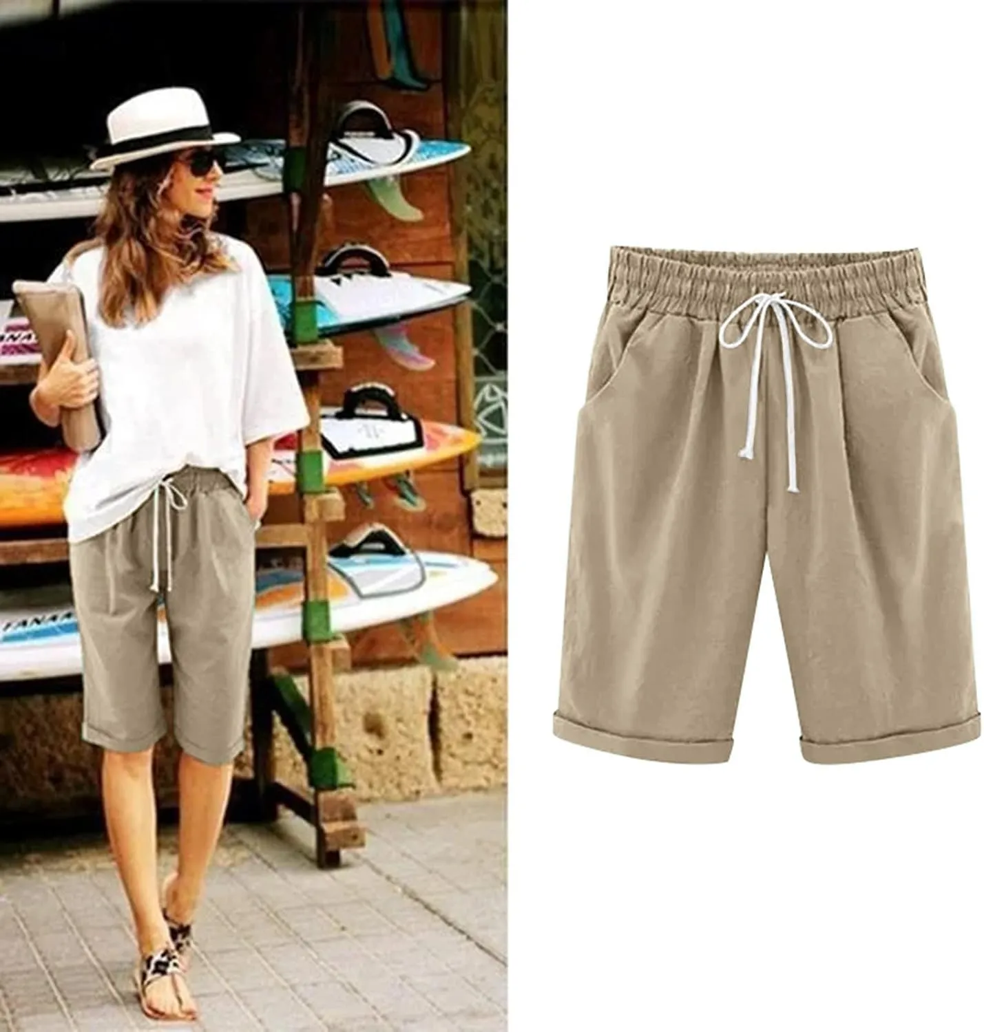 Bermuda Shorts for Women Knee Length Cotton Linen Elastic Waist Drawstring Shorts Summer Capris Pants with Pockets
