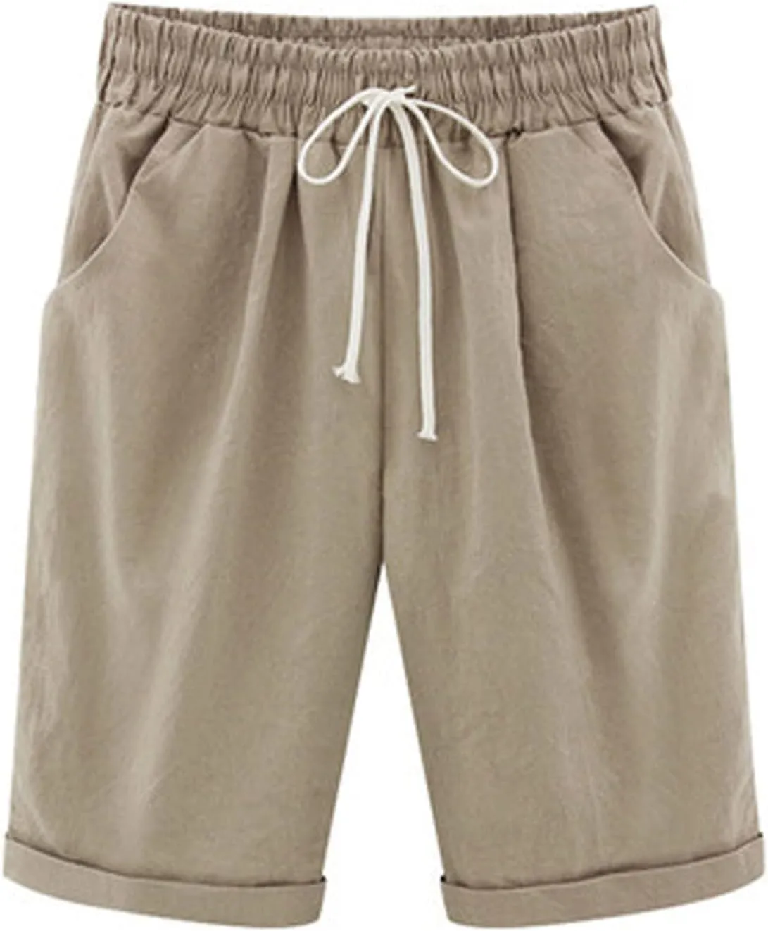 Bermuda Shorts for Women Knee Length Cotton Linen Elastic Waist Drawstring Shorts Summer Capris Pants with Pockets